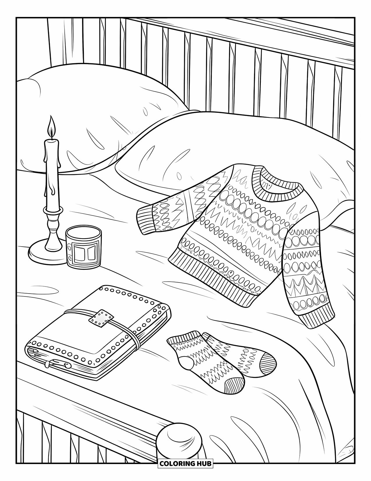 Cozy Coloring Page for Kids: A comfy bed with a journal, candle, sweater, and socks neatly arranged in a peaceful room