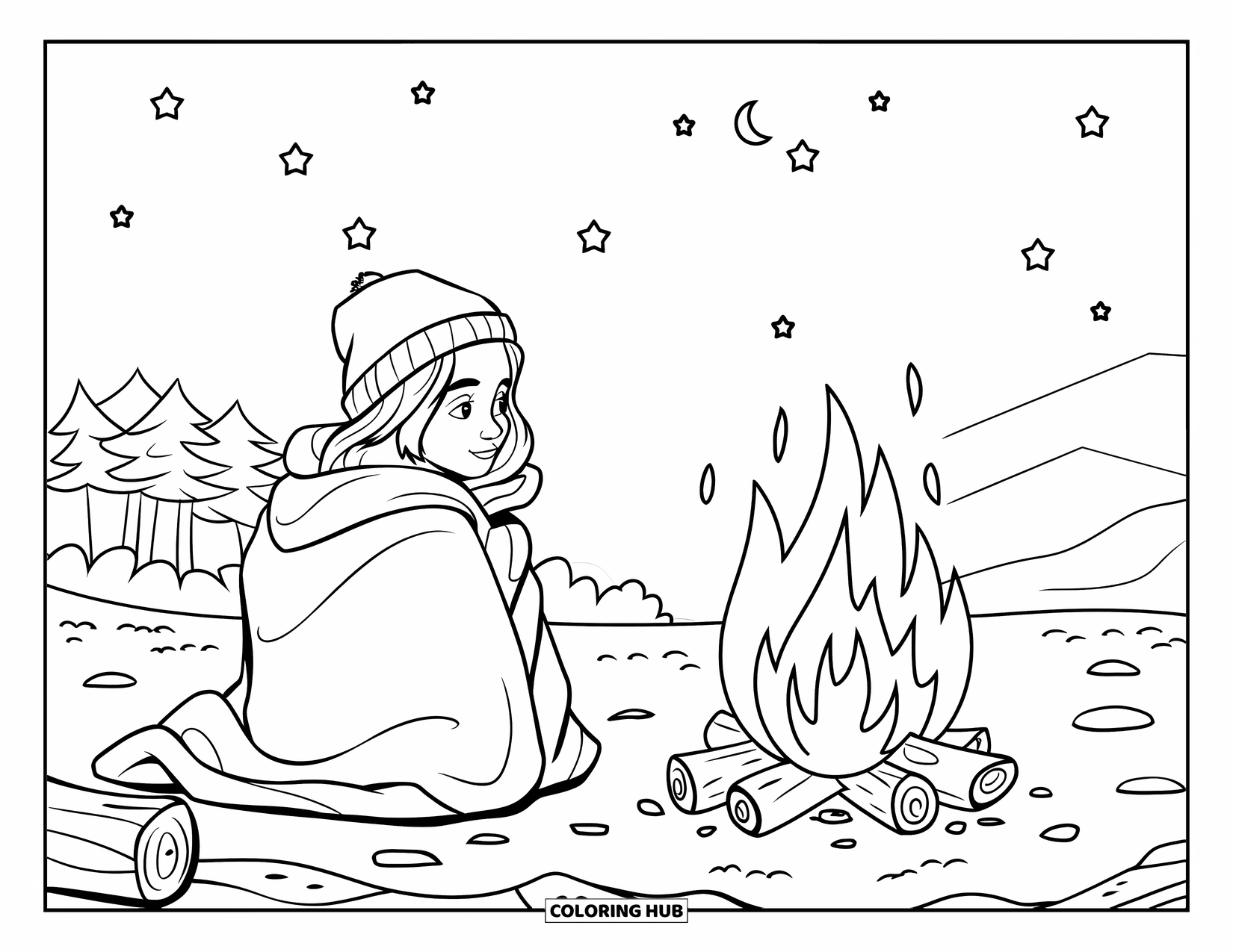 Cozy Coloring Page for Kids: A cozy campfire scene with a teen girl stargazing under a moonlit, starry sky