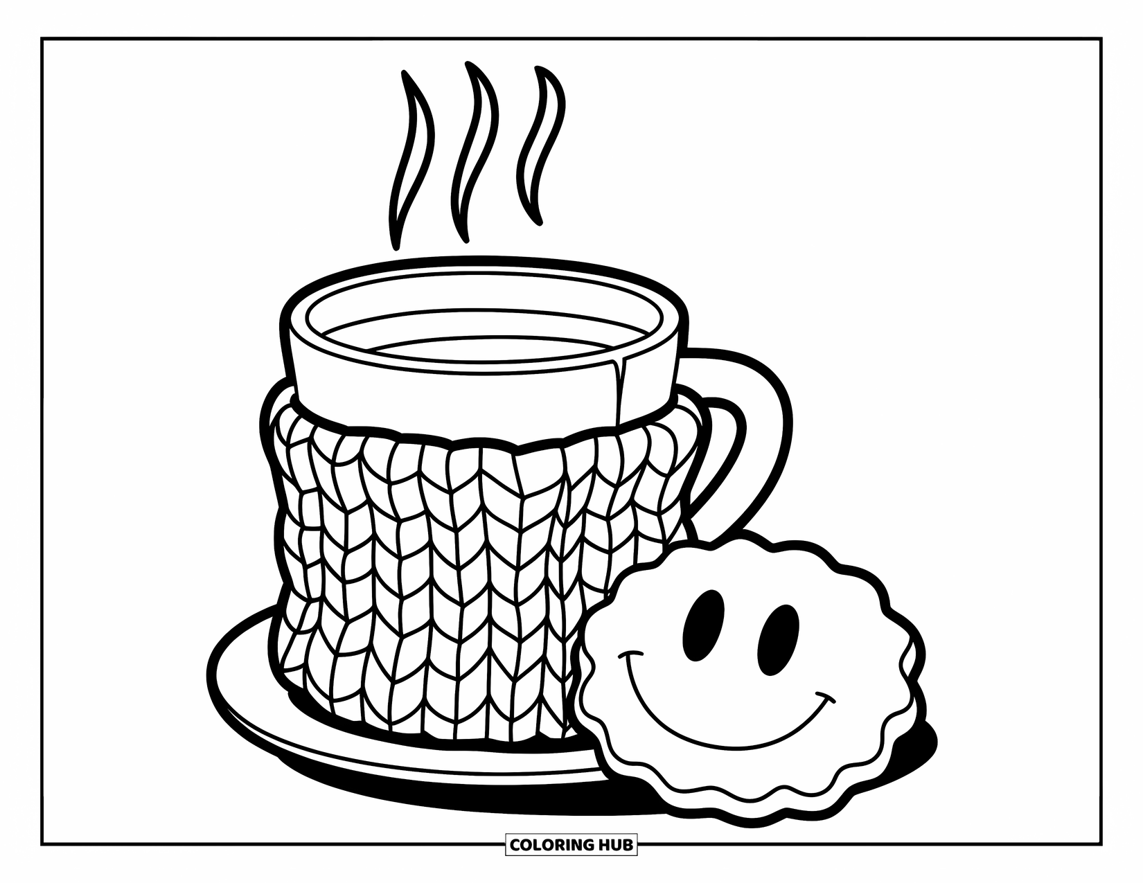 Cozy Coloring Page for Kids: A cozy cup with a knitted sleeve steams beside a smiley biscuit on a little plate