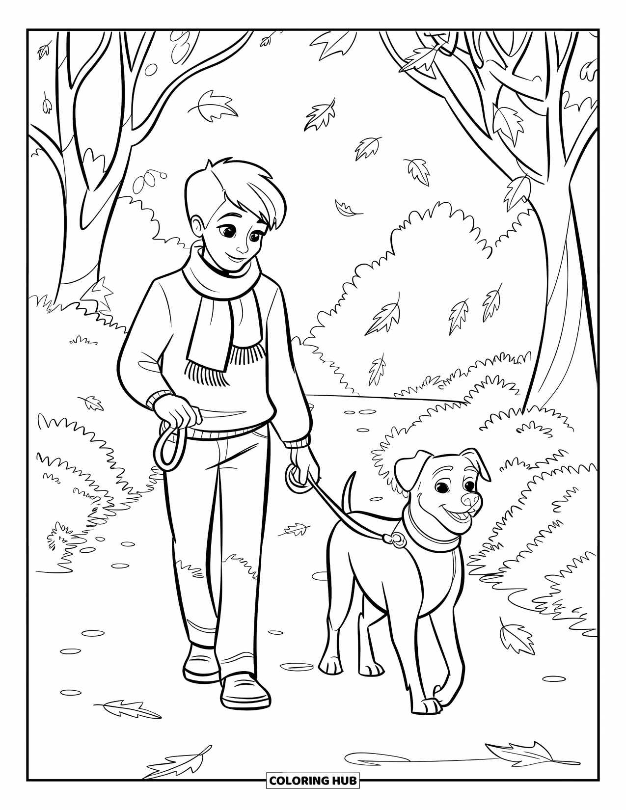 Cozy Coloring Page for Kids: A teen with a scarf walks a friendly dog as autumn leaves fall through the air