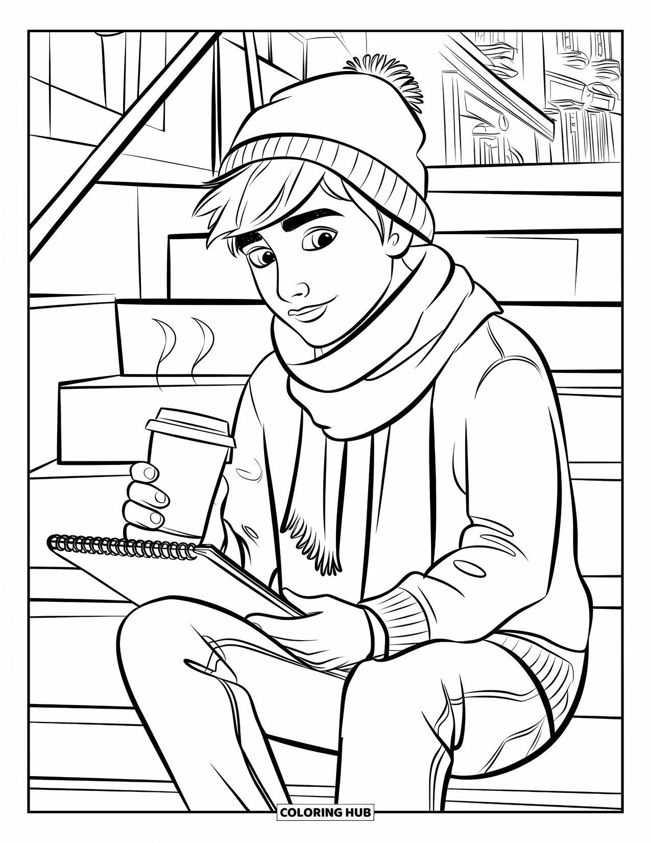 Cozy Coloring Page for Kids: A thoughtful teen sketches and sips a warm drink on stairs with city views