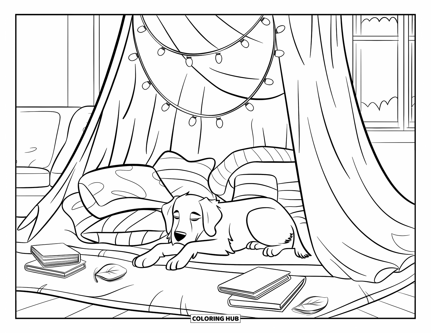 Cozy Coloring Page for Kids: A warm living room fort with a golden retriever, string lights, and books nearby