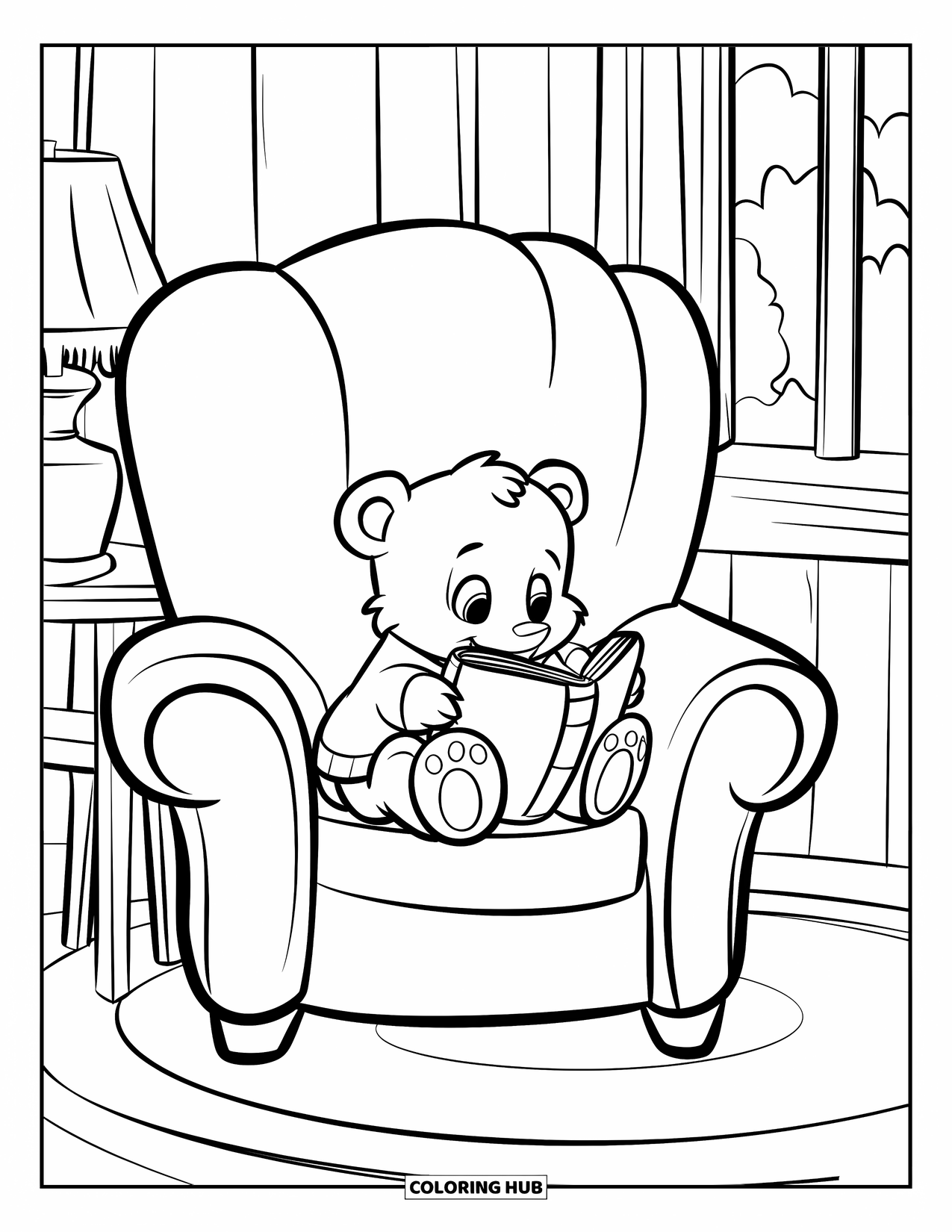Cozy Coloring Page for Kids: Bear cub curls up with a book in a big chair near a window and wooden table