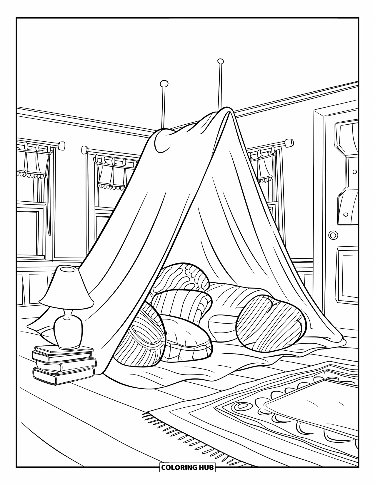 Cozy Coloring Page for Kids: Blanket fort with cushions, books, and a cozy lamp in a warm, inviting living room