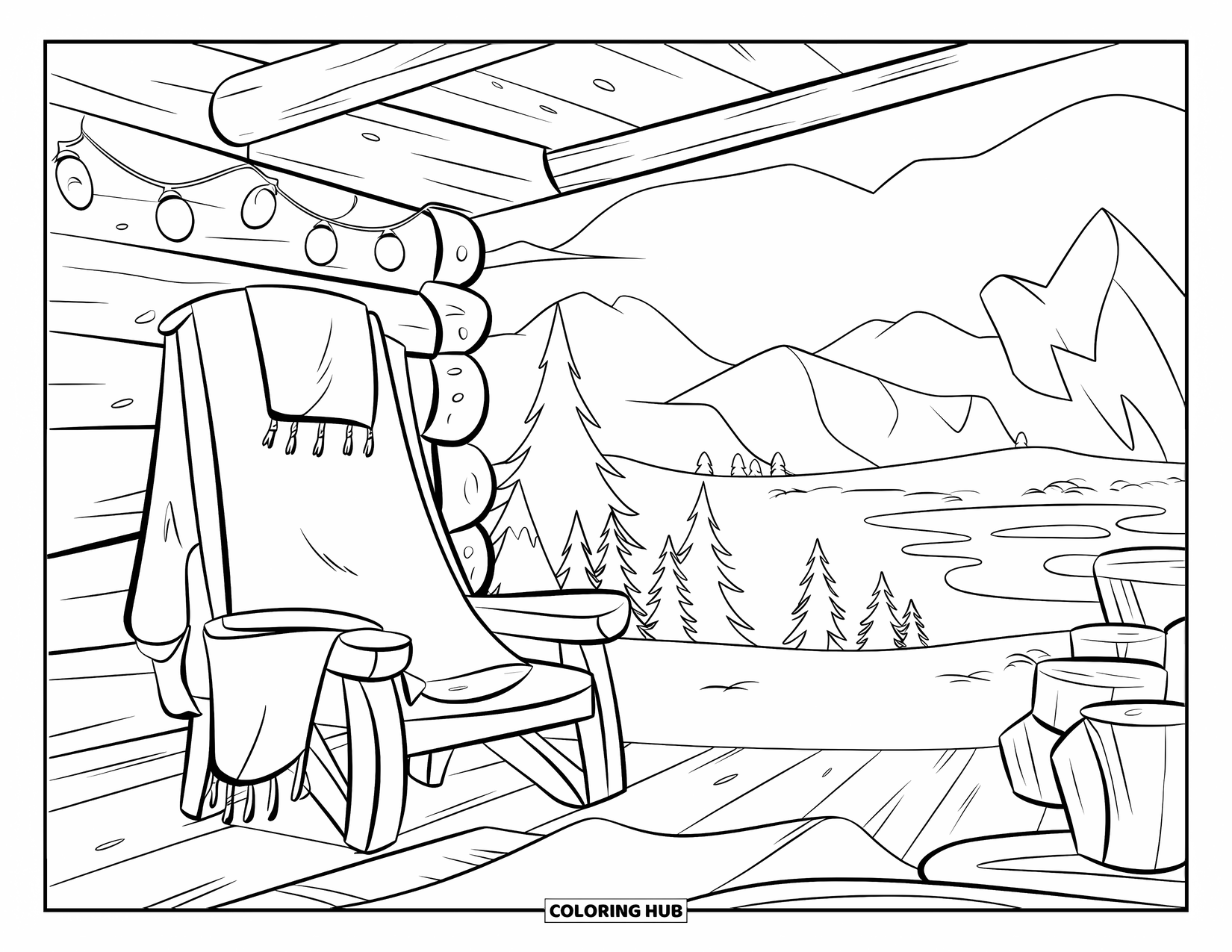 Cozy Coloring Page for Kids: Cabin with logs, fairy lights, and a cozy chair draped in a blanket by the window