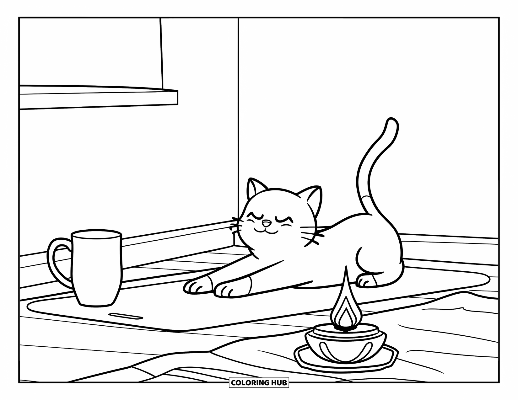 Cozy Coloring Page for Kids: Cat stretches peacefully on a yoga mat beside a mug and incense in a calm corner