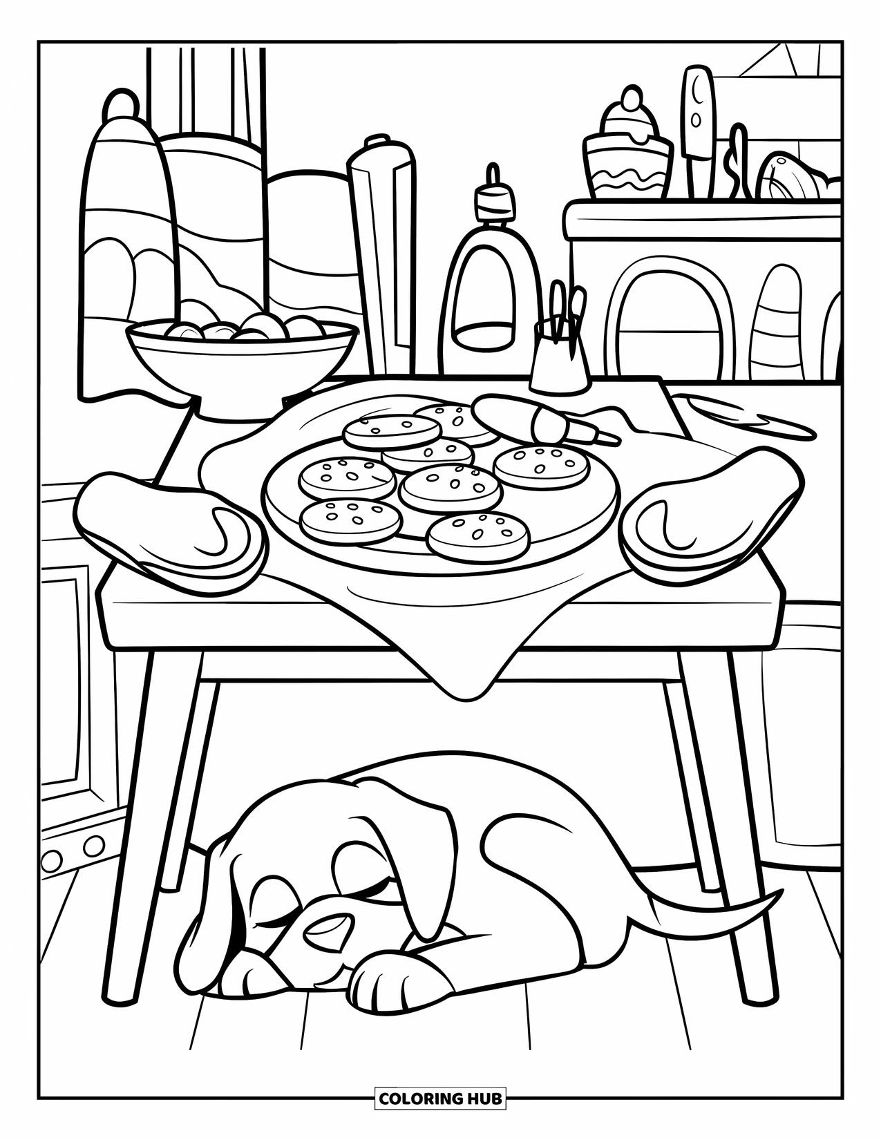 Cozy Coloring Page for Kids: Cozy baking scene with cookies, mittens, and a puppy sleeping under the kitchen table