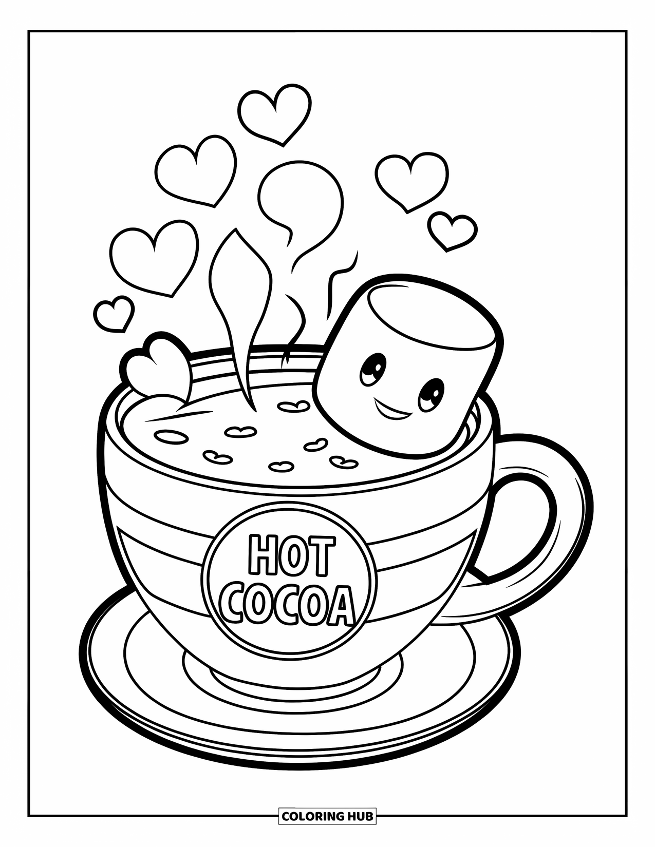 Cozy Coloring Page for Kids: Cozy cocoa with steam hearts, a smiling marshmallow, and a "Hot cocoa" sticker