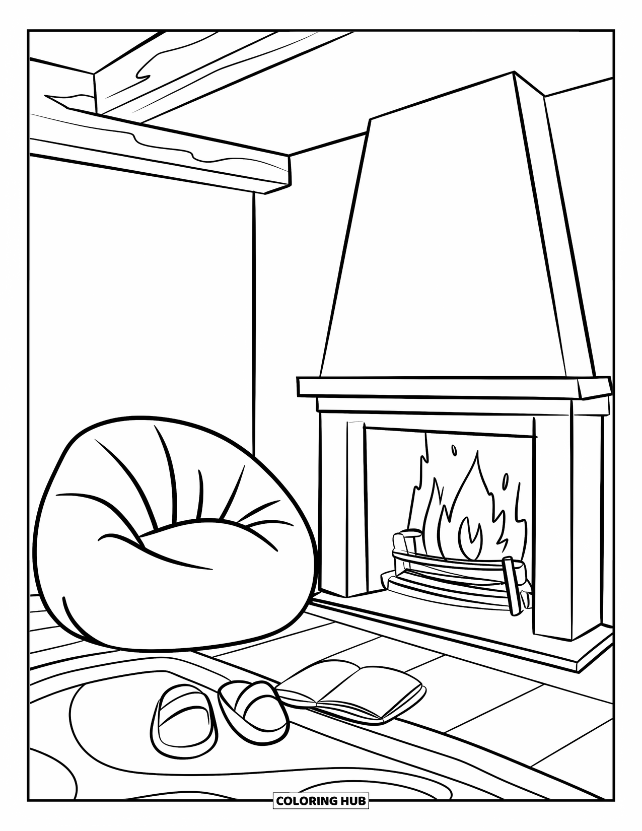Cozy Coloring Page for Kids: Cozy room with a bean bag, warm fireplace, book, and slippers on a soft rug
