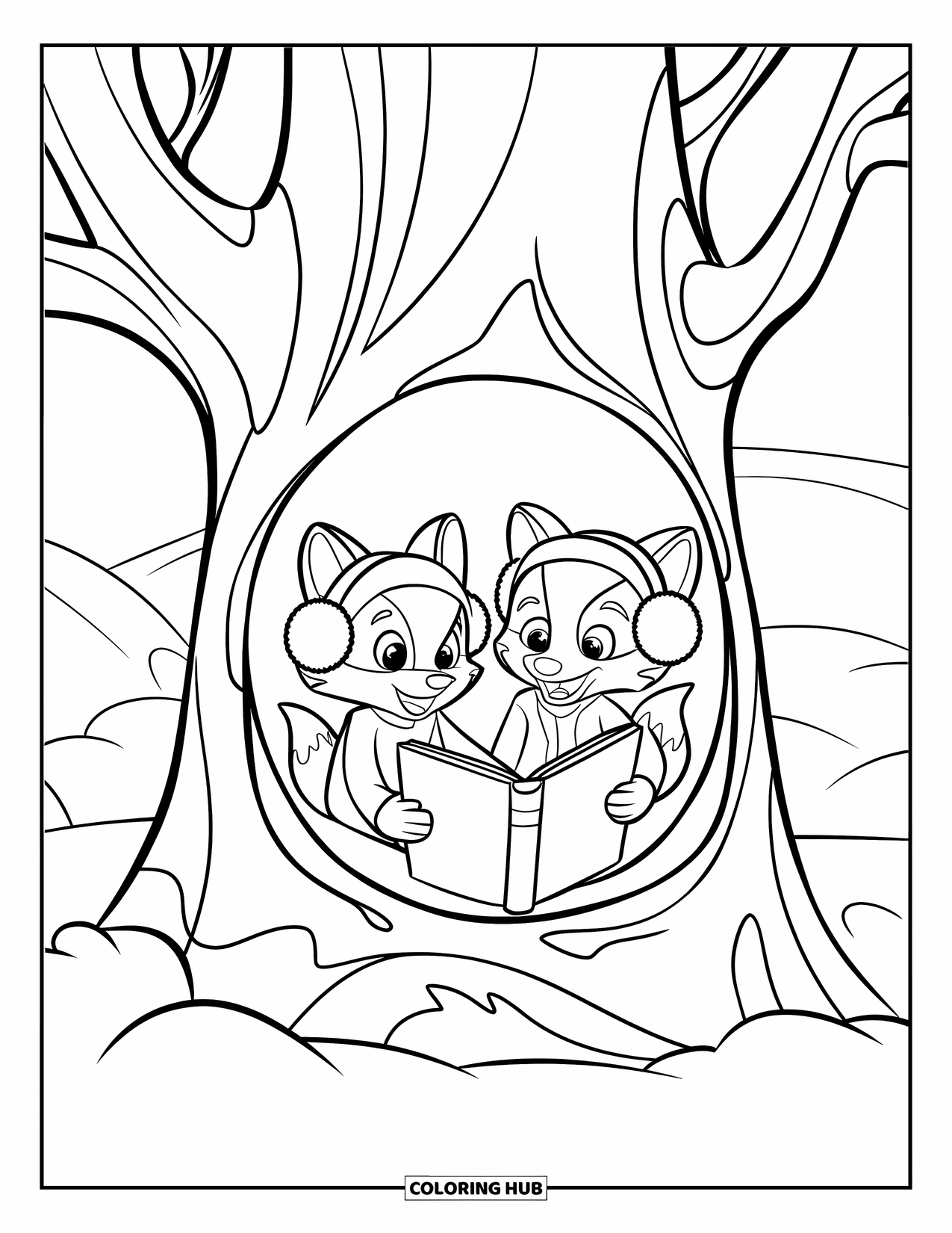 Cozy Coloring Page for Kids: Foxes sit in a snowy tree, earmuffs on, holding a book with peaceful hills behind