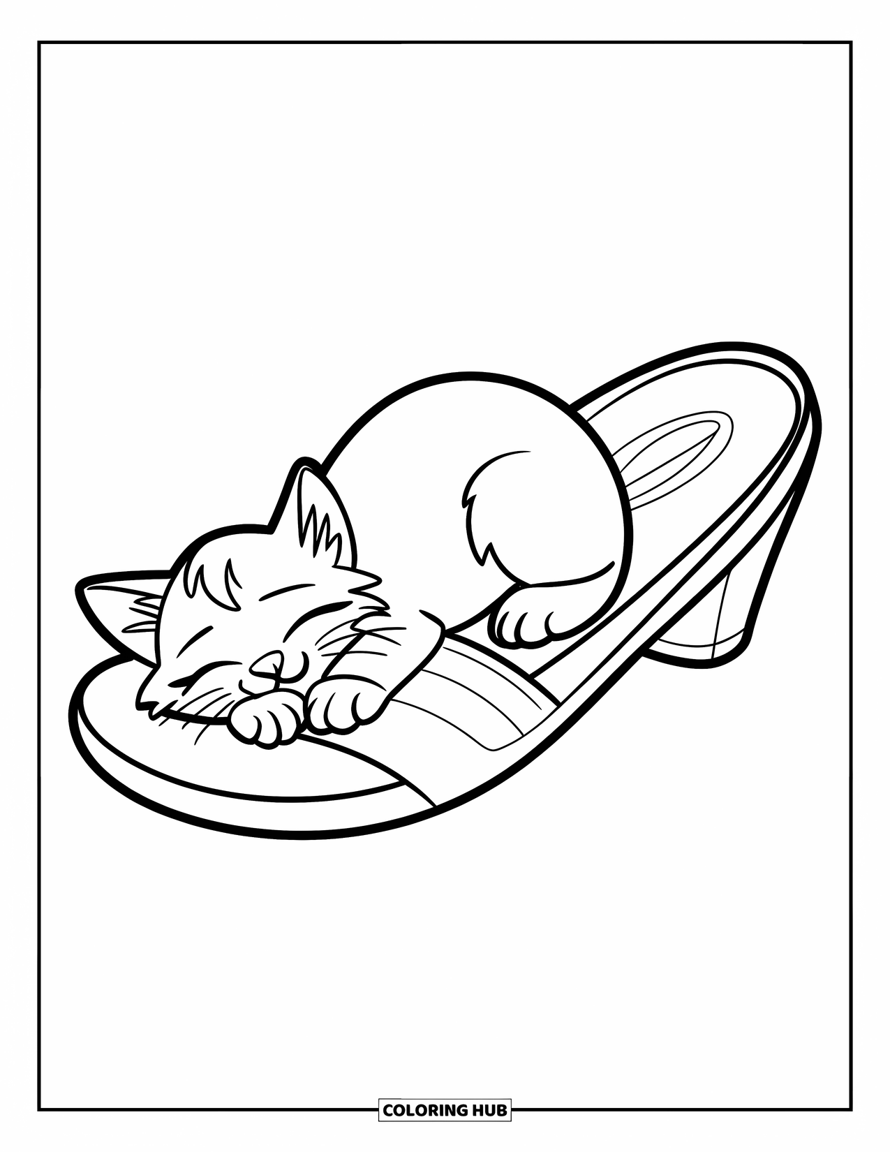 Cozy Coloring Page for Kids: Kitten naps inside a giant slipper, curled up with eyes closed