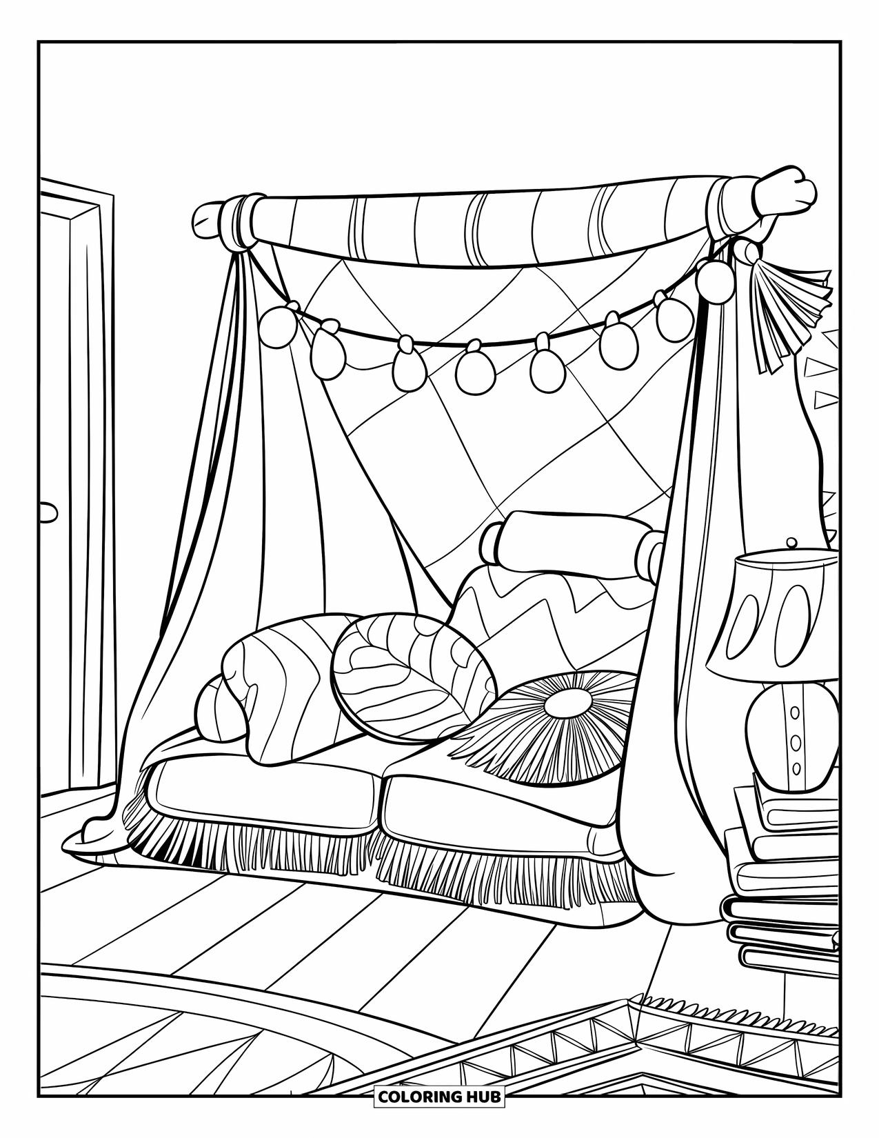 Cozy Coloring Page for Kids: Living room with a glowing blanket fort, soft cushions, a cozy lamp, and stacked books