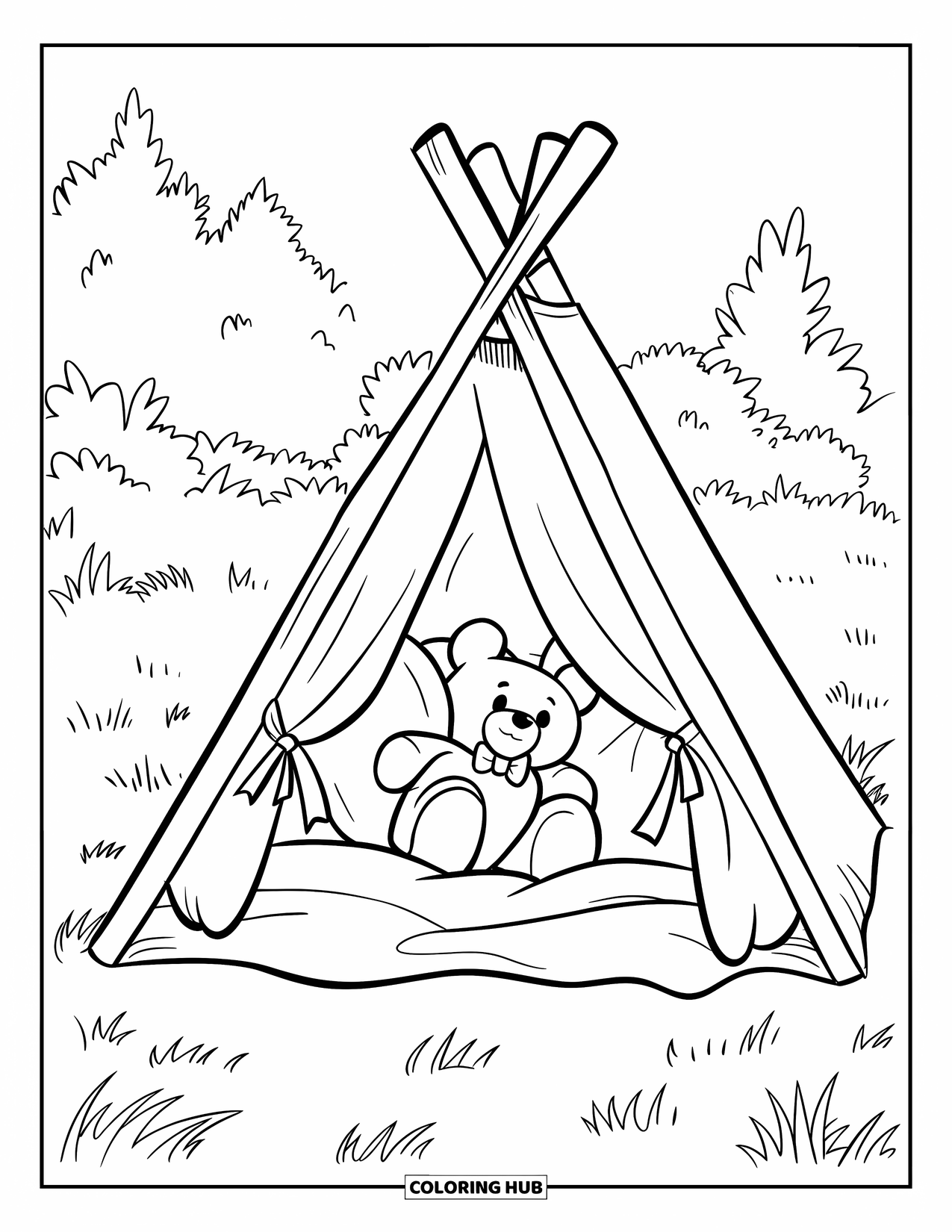 Cozy Coloring Page for Kids: Pillow and blanket tent sits in a grassy field with a stuffed bear peeking out