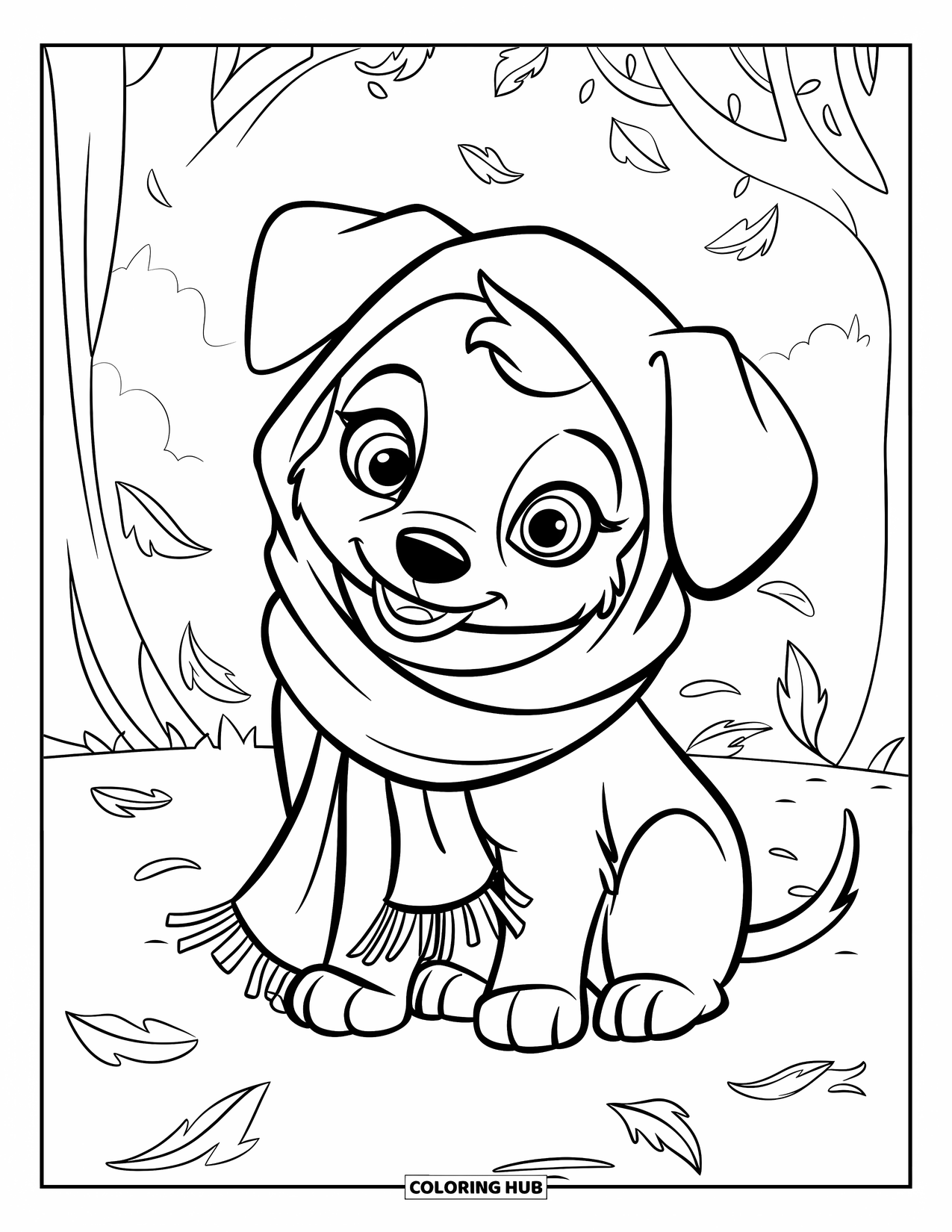 Cozy Coloring Page for Kids: Puppy wrapped in a scarf sits peacefully as leaves fall around in a quiet spot