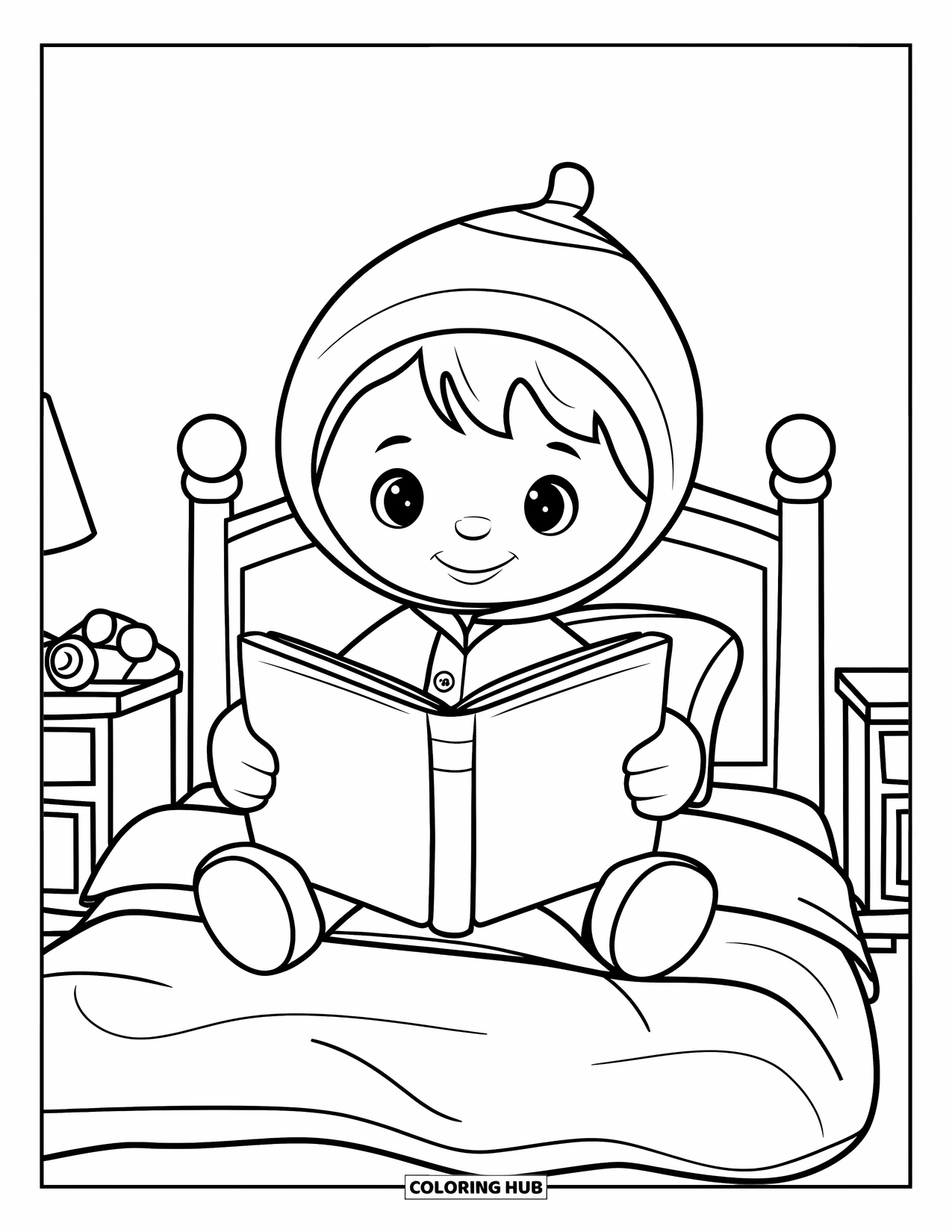 Cozy Coloring Page for Kids: Smiling child in pajamas sits on a bed with a storybook, lamp, and toy nearby