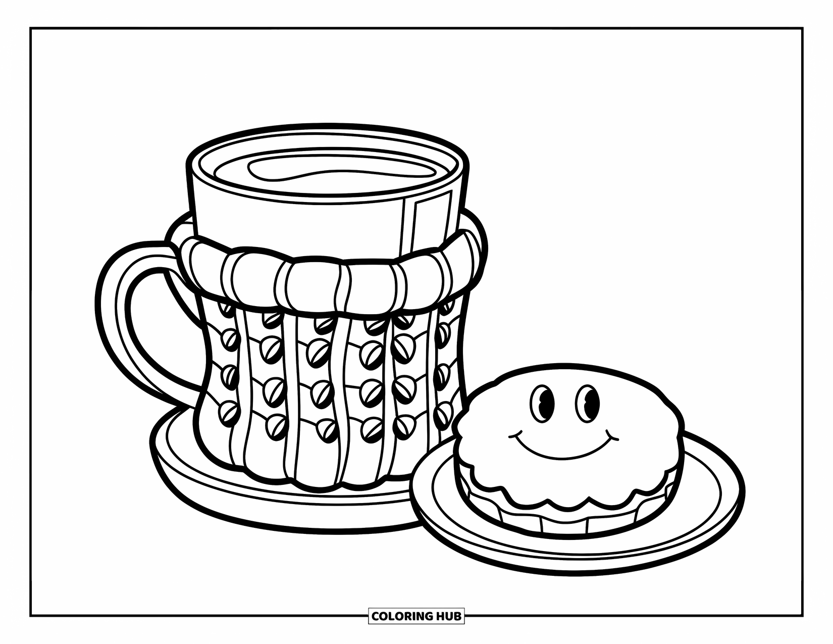 Cozy Coloring Page for Kids: Steamy drink in a cozy sleeve sits beside a smiling biscuit on a wooden saucer