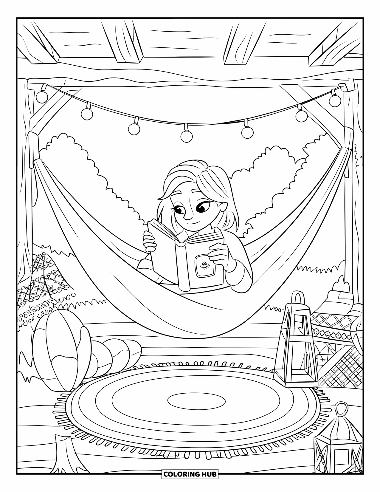 Cozy Coloring Page for Kids: Teen girl reads in a hammock under fairy lights with a lantern and cozy outdoor details