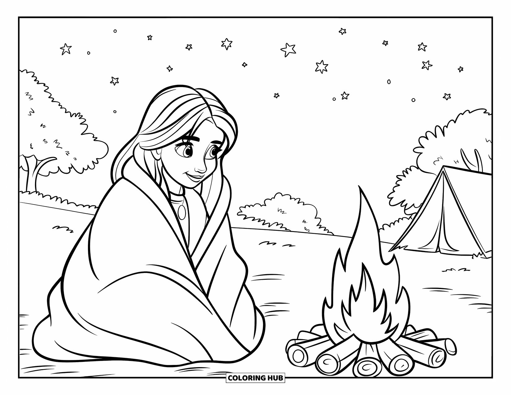 Cozy Coloring Page for Kids: Teen girl with long hair sits by a tent and campfire, gazing at the stars
