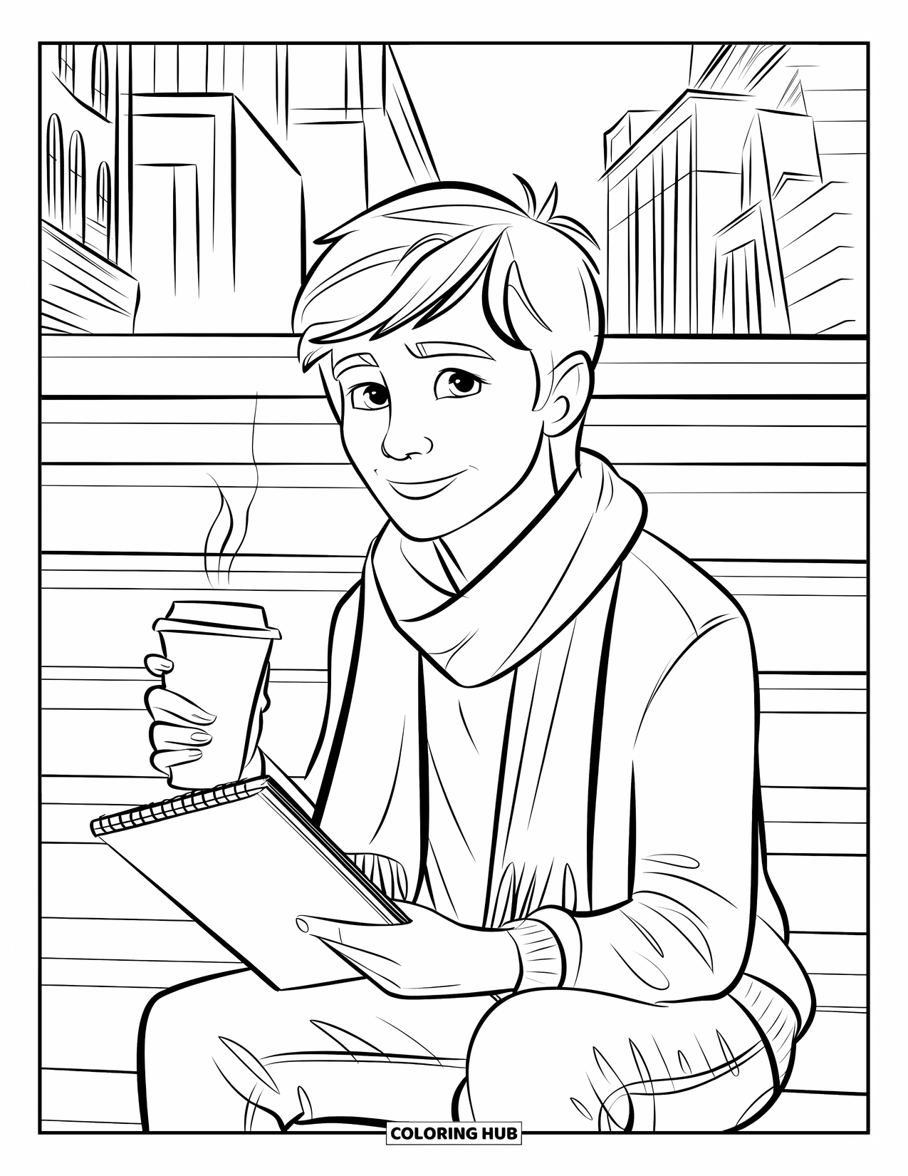 Cozy Coloring Page for Kids: Teen with scarf and sketchpad sits on city stairs sipping something warm