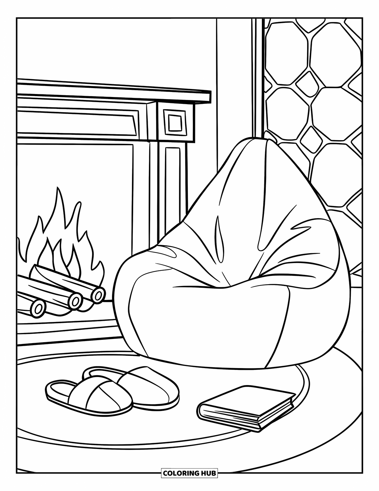 Cozy Coloring Page for Kids: Warm living space with a fireplace, soft bean bag, and book near cozy slippers