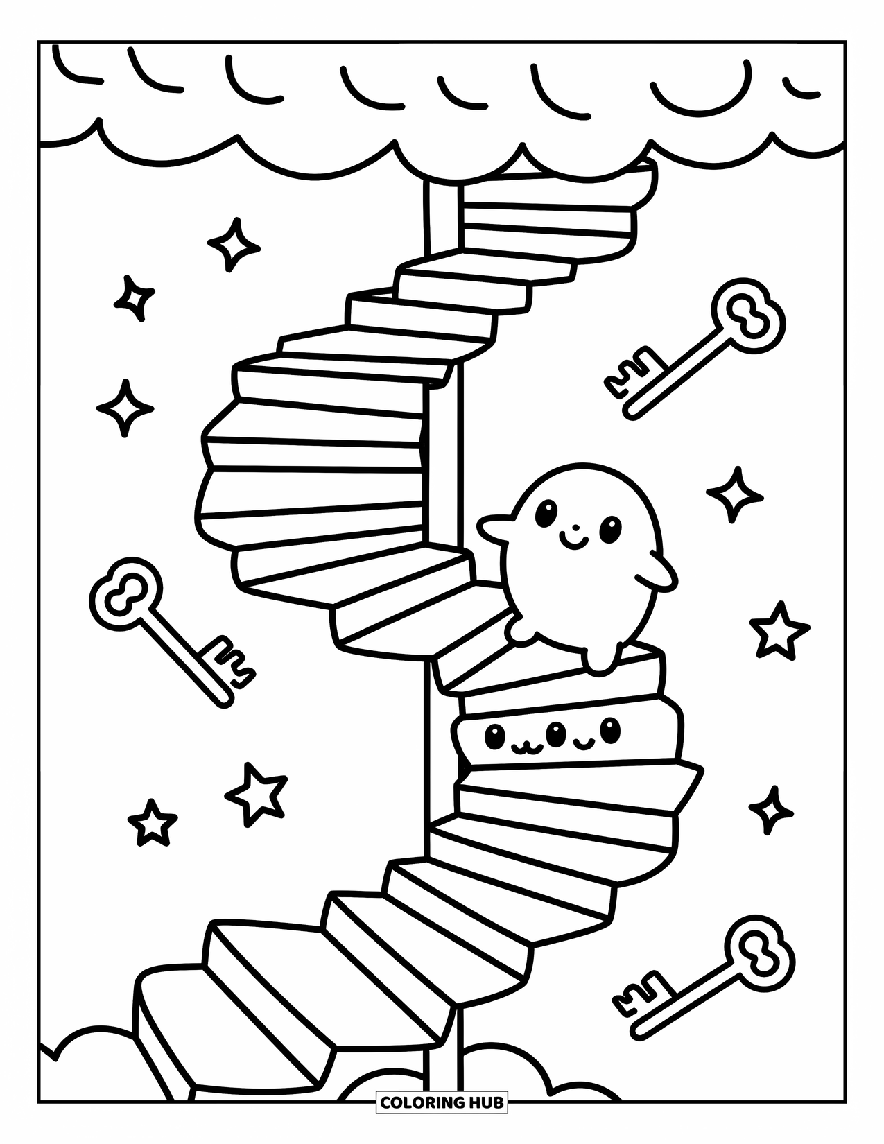 Creepy Trippy Coloring Page for Adults: A blob-shaped creature climbs a spiral staircase filled with tiny kawaii eyes