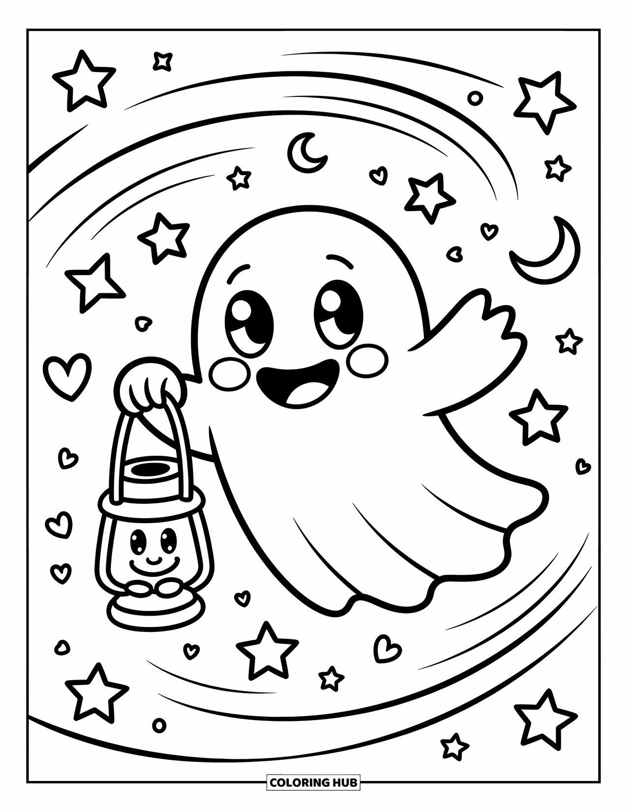 Creepy Trippy Coloring Page for Adults: A cheerful ghost floats holding a glowing lantern among drifting stars and heart leaves