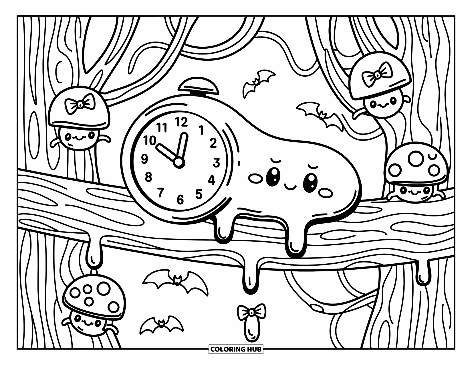 Creepy Trippy Coloring Page for Adults: A cheerful melting clock stretches across a tree branch with floating potions and mushrooms