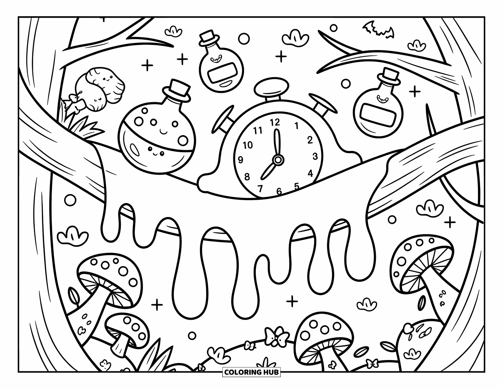 Creepy Trippy Coloring Page for Adults: A cheerful melting clock stretches lazily on a branch with potions, mushrooms, and sleepy bats