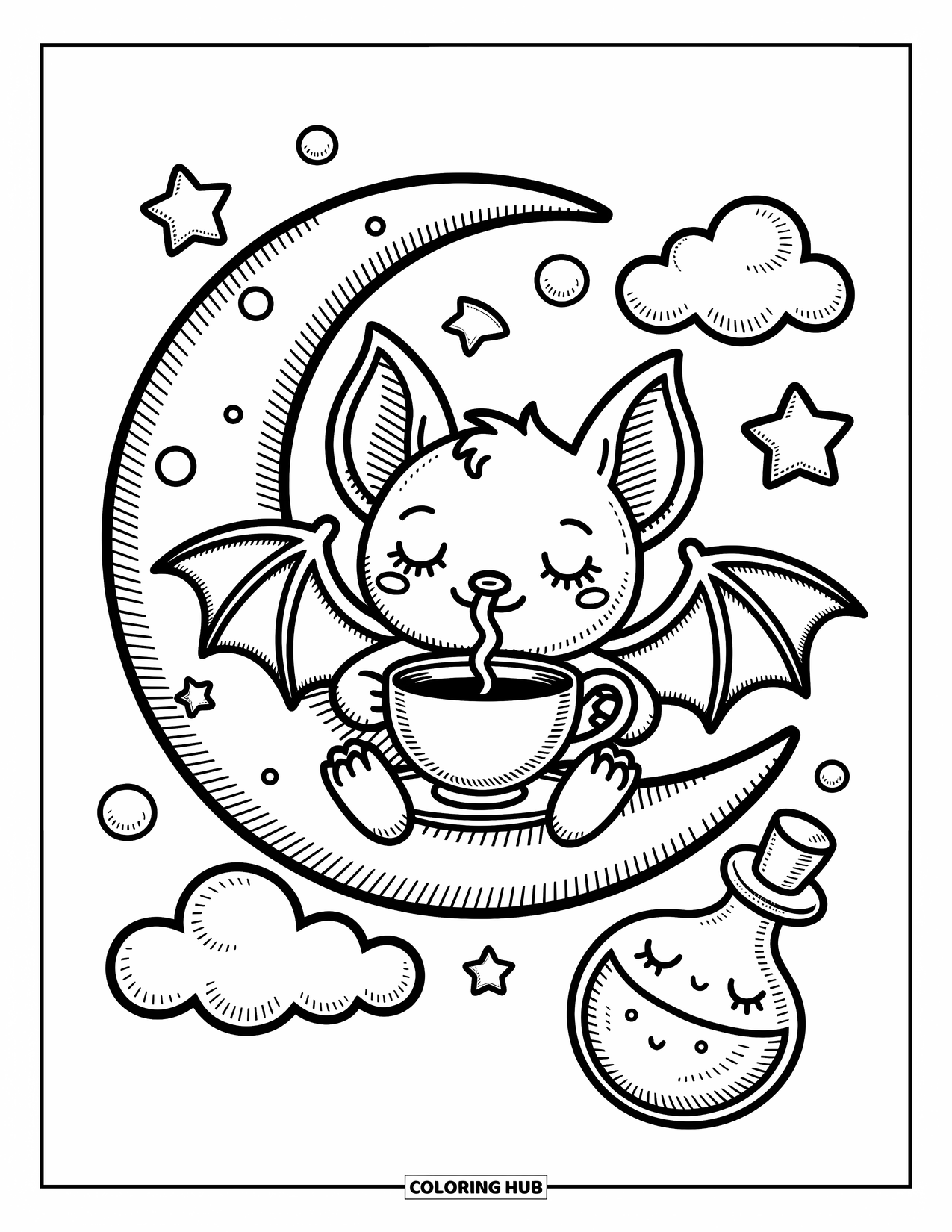 Creepy Trippy Coloring Page for Adults: A cozy bat with stubby wings lounges on a crescent moon with a sleepy potion bottle
