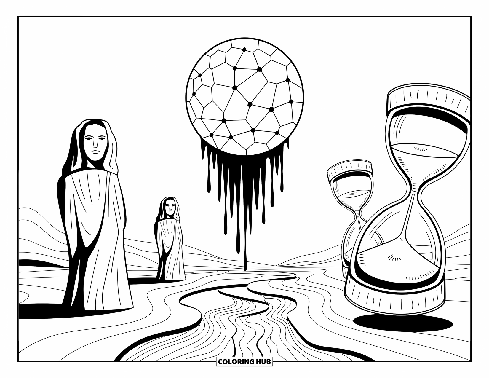 Creepy Trippy Coloring Page for Adults: A cracked moon drips into a desert filled with faceless statues and twisted hourglasses