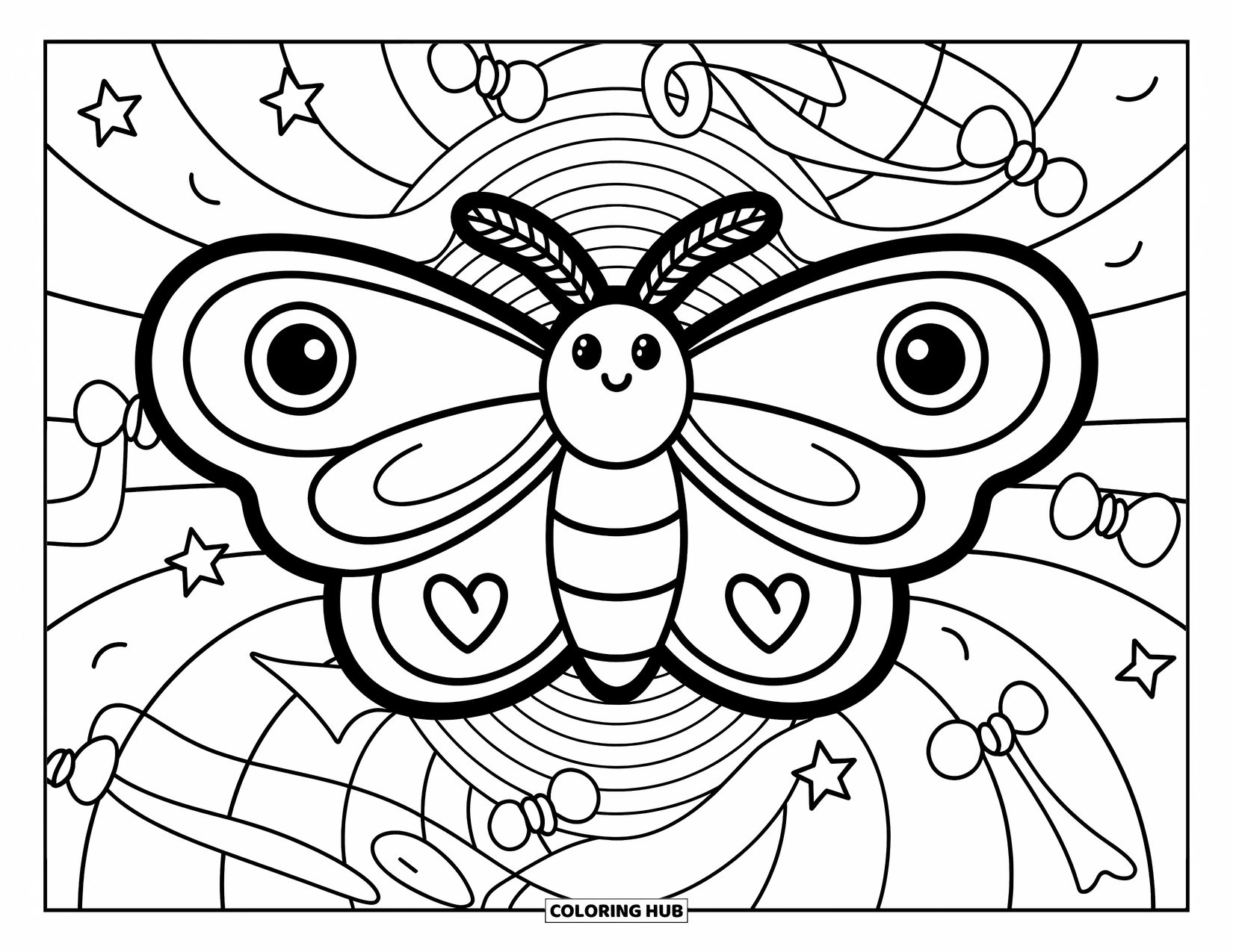 Creepy Trippy Coloring Page for Adults: A cute moth with heart-shaped wings drifts through swirling shapes and candy stars
