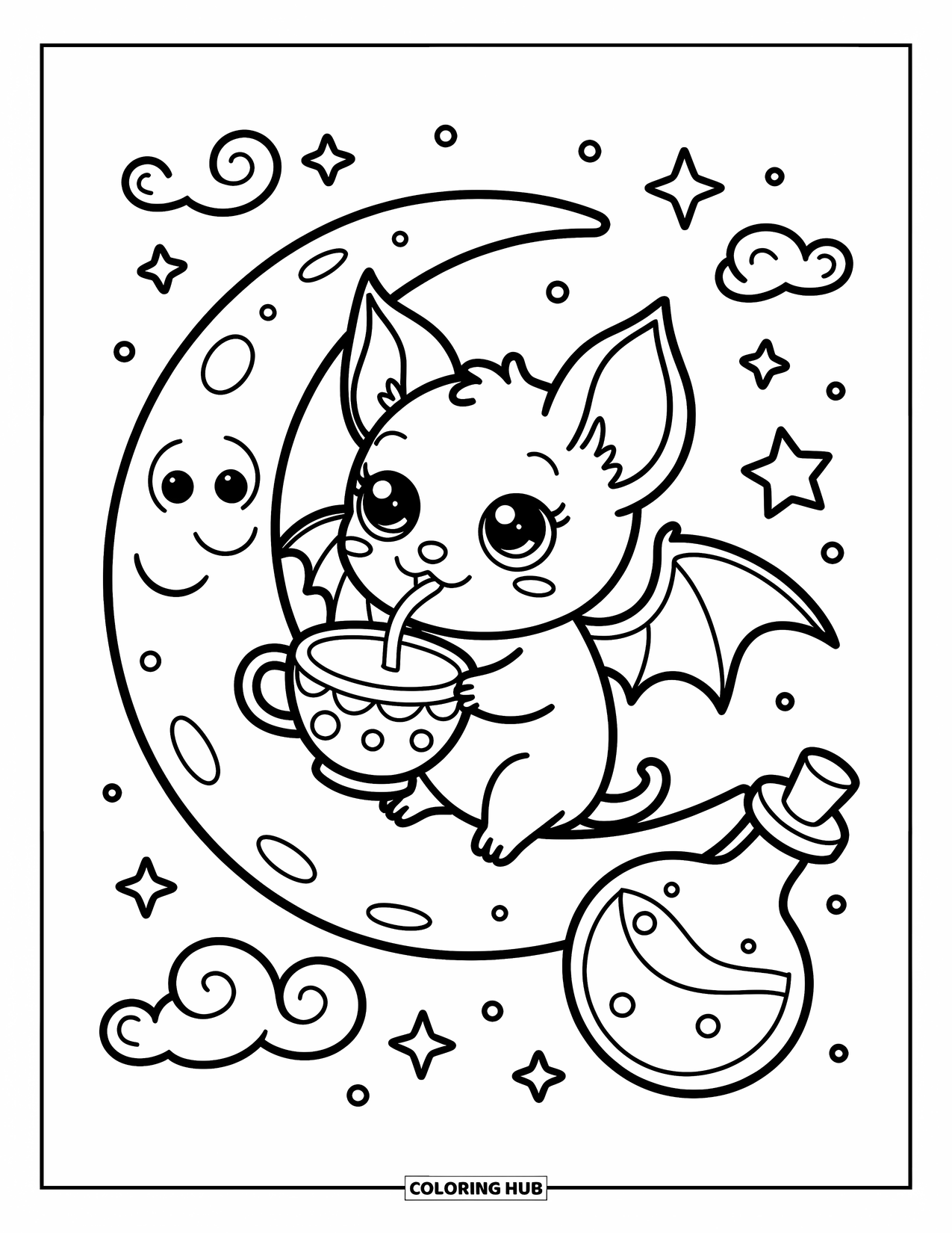 Creepy Trippy Coloring Page for Adults: A dreamy bat relaxes on a crescent moon surrounded by bubbly stars and sleepy potions