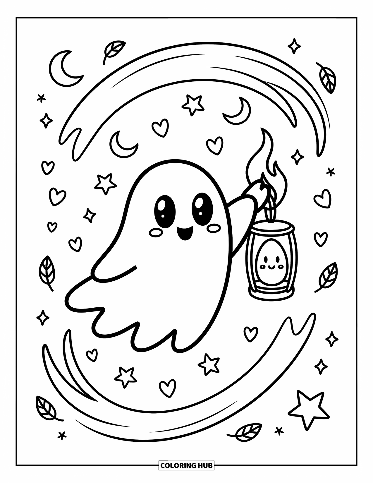 Creepy Trippy Coloring Page for Adults: A friendly ghost drifts with a smiling lantern surrounded by moons, stars, and leaves