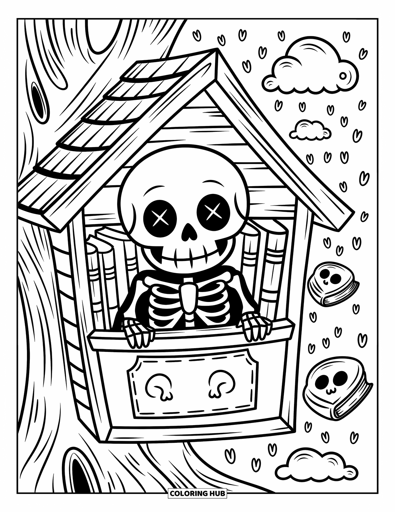Creepy Trippy Coloring Page for Adults: A grinning skeleton hides behind a crooked bookshelf with floating books and skull petals