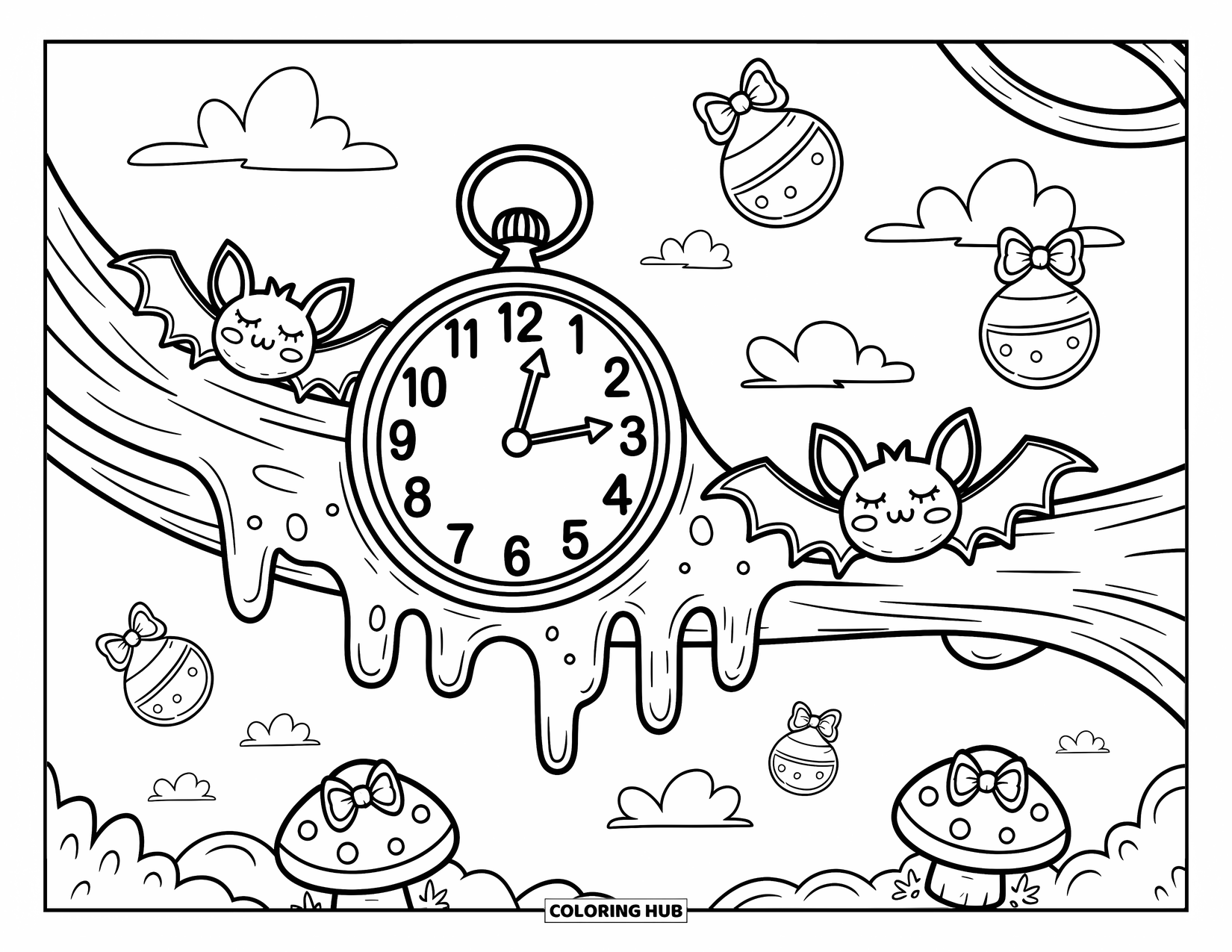 Creepy Trippy Coloring Page for Adults: A happy melting clock lounges on a tree branch, surrounded by potions and mushrooms
