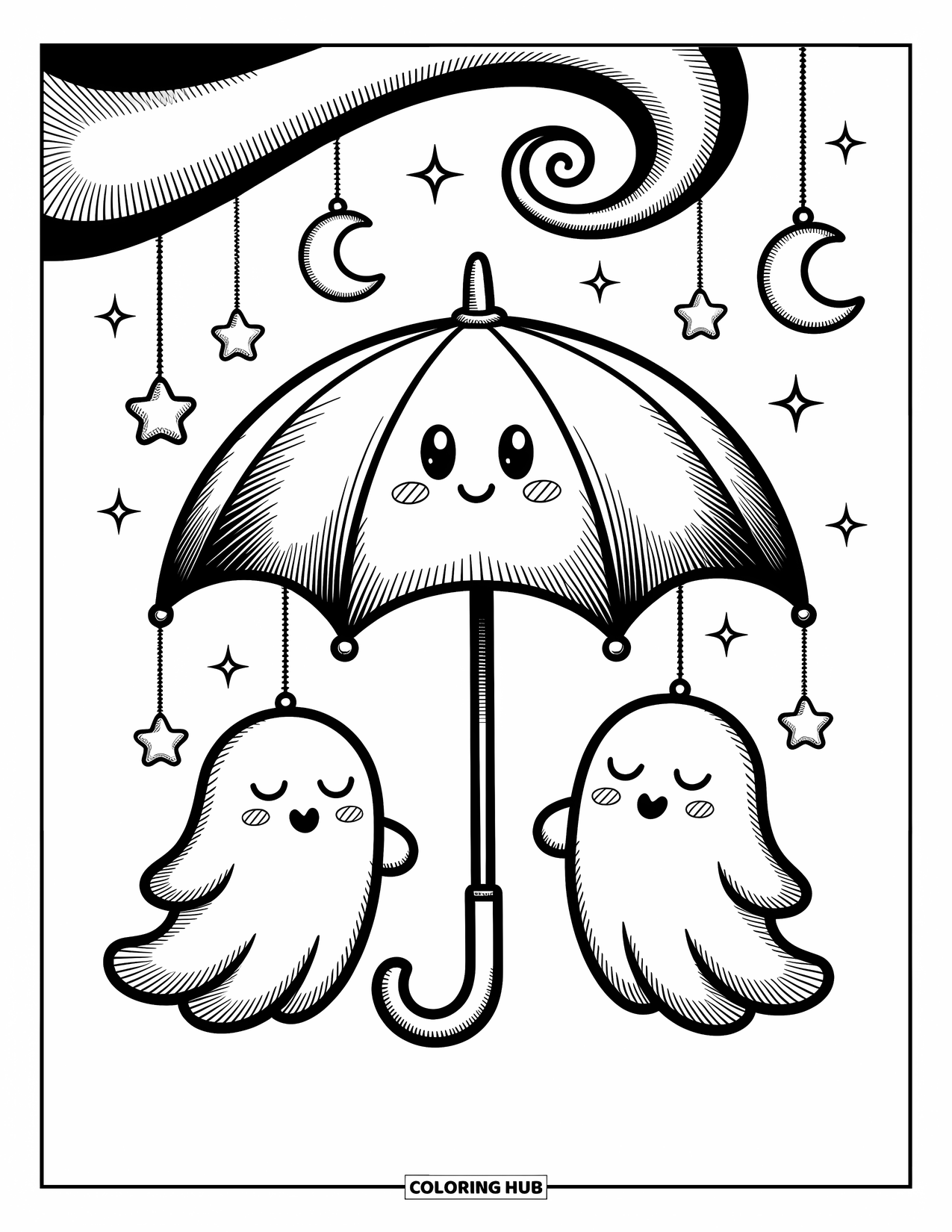 Creepy Trippy Coloring Page for Adults: A smiling umbrella floats in swirling breeze with candy moons and sleepy little ghosts