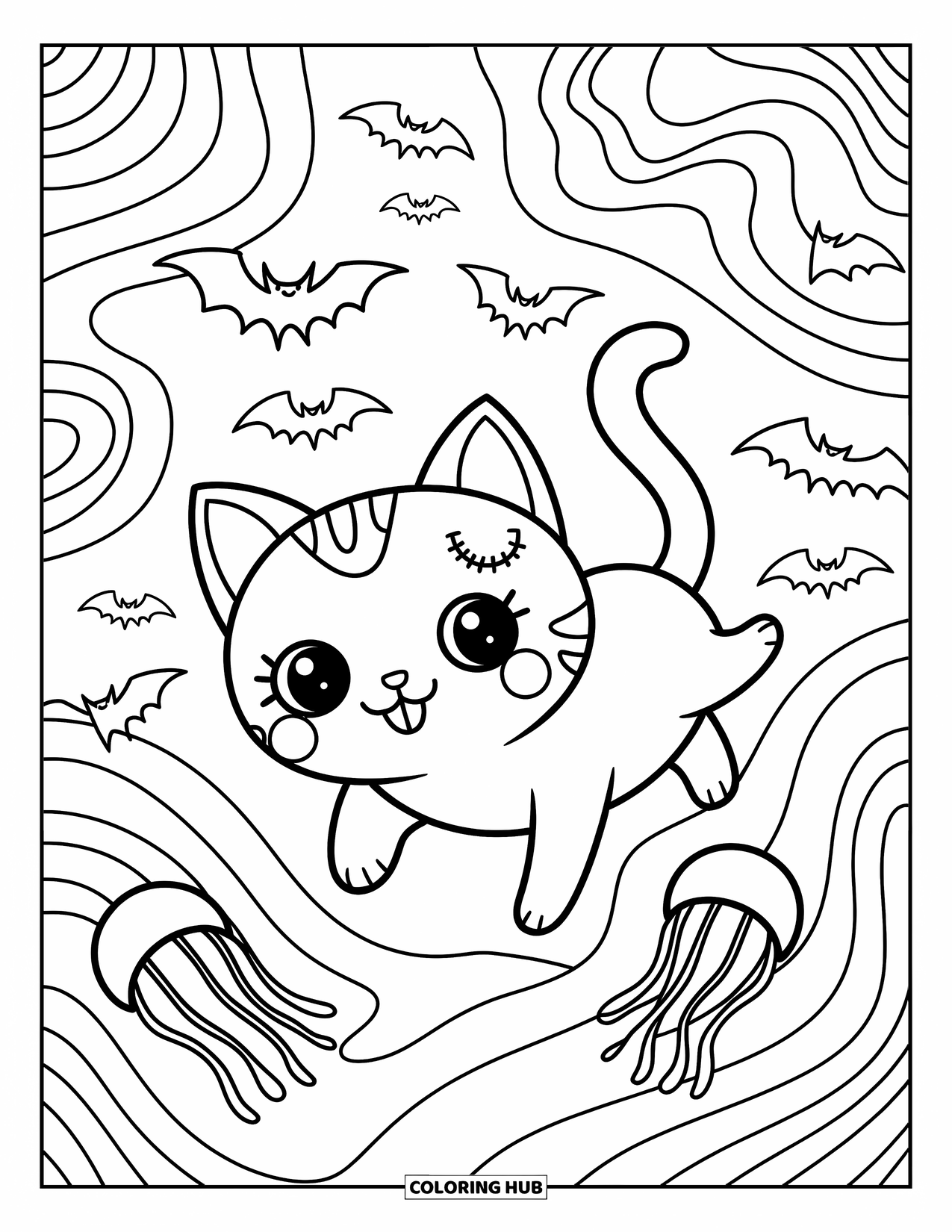 Creepy Trippy Coloring Page for Adults: A spooky cat with a stitched ear floats with bats and upside-down jellyfish
