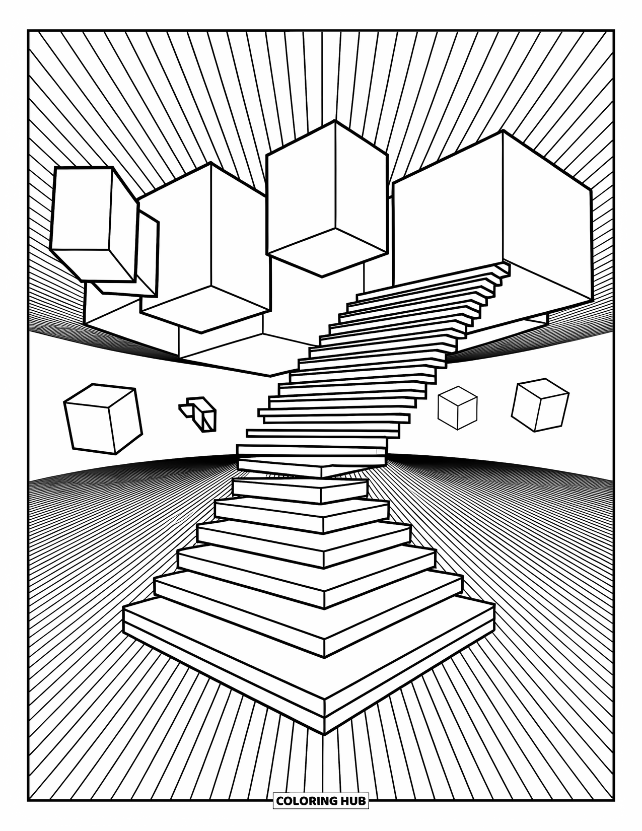 Creepy Trippy Coloring Page for Adults: A staircase climbs over a chasm filled with illusion cubes and drifting symbols