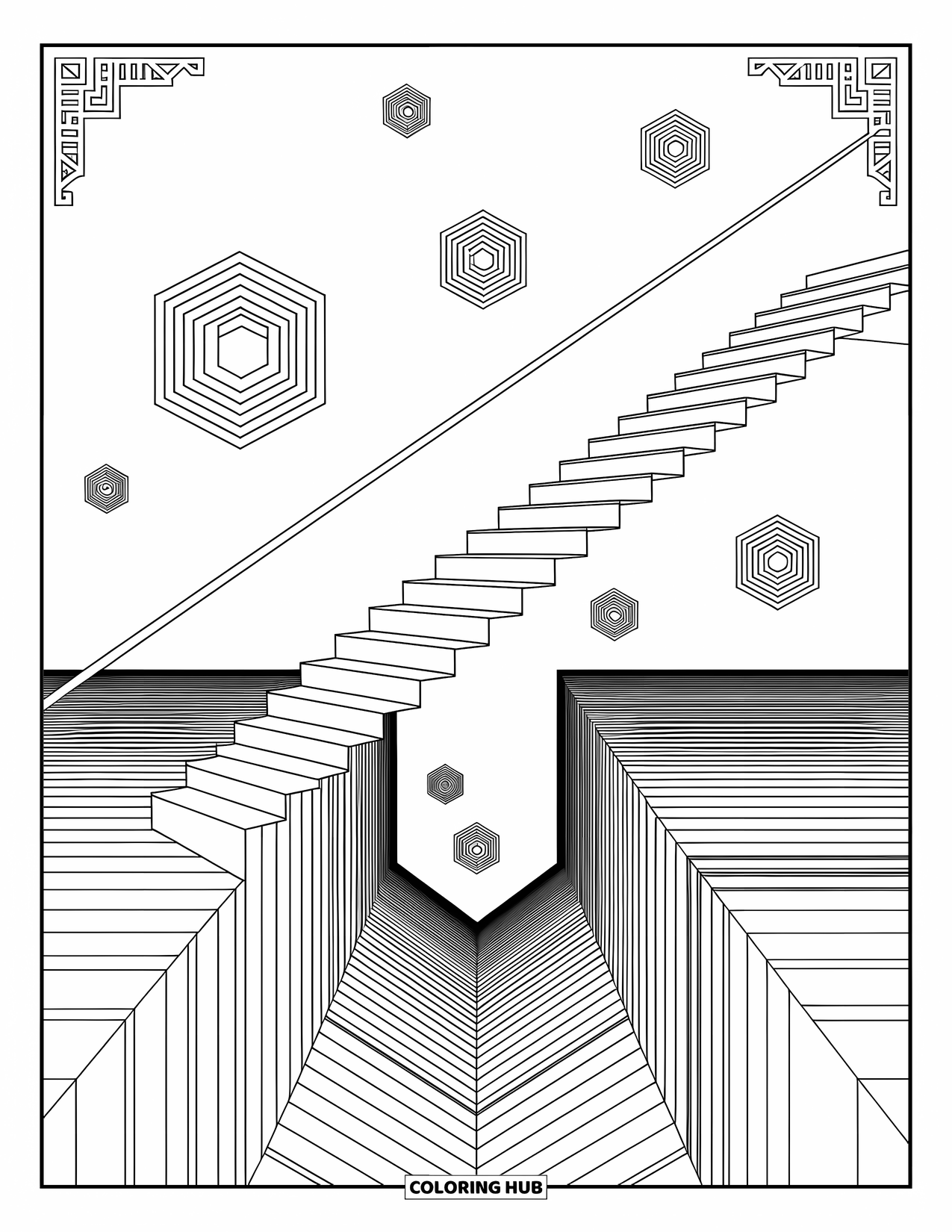 Creepy Trippy Coloring Page for Adults: A staircase floats above a chasm surrounded by optical illusions and mystical symbols