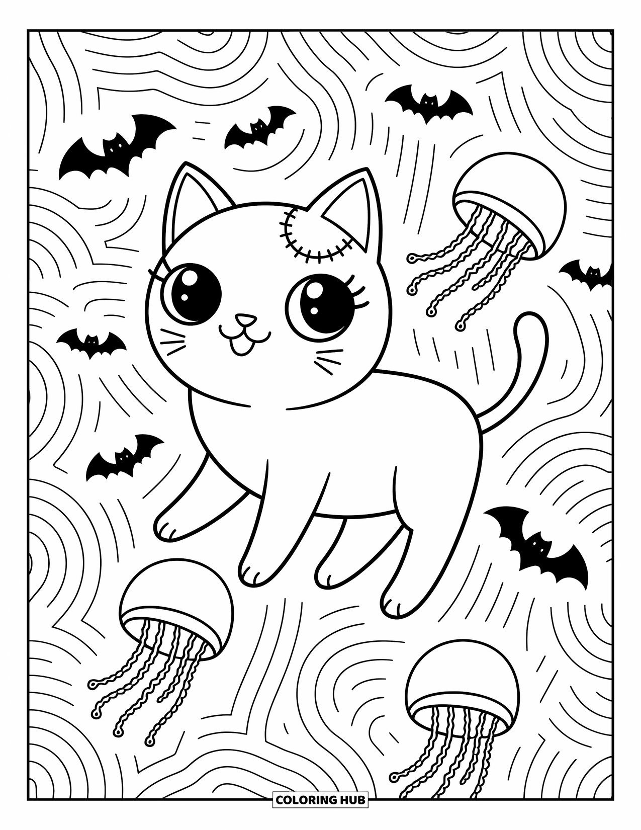 Creepy Trippy Coloring Page for Adults: A stitched-up cat floats through a swirl of playful bats and drifting jellyfish
