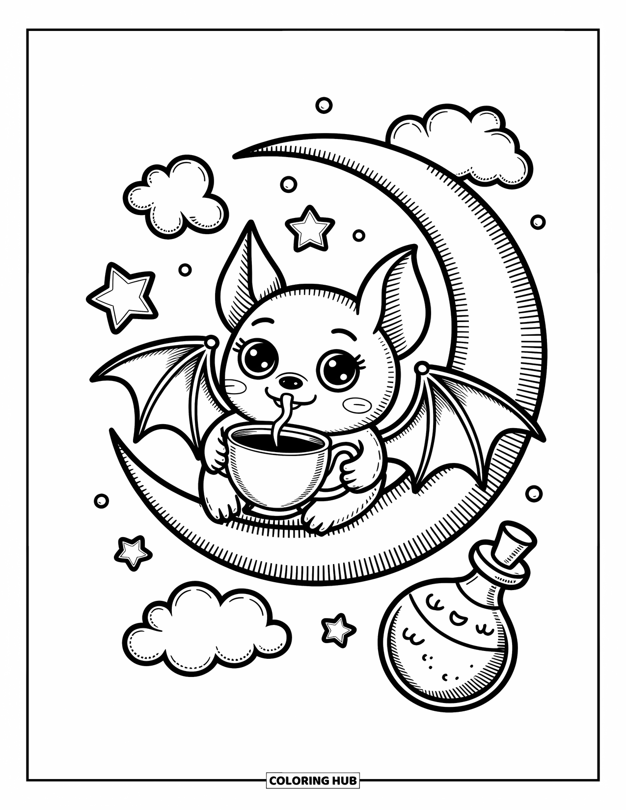 Creepy Trippy Coloring Page for Adults: A stubby-winged bat sips from a teacup while floating among stars and curled clouds