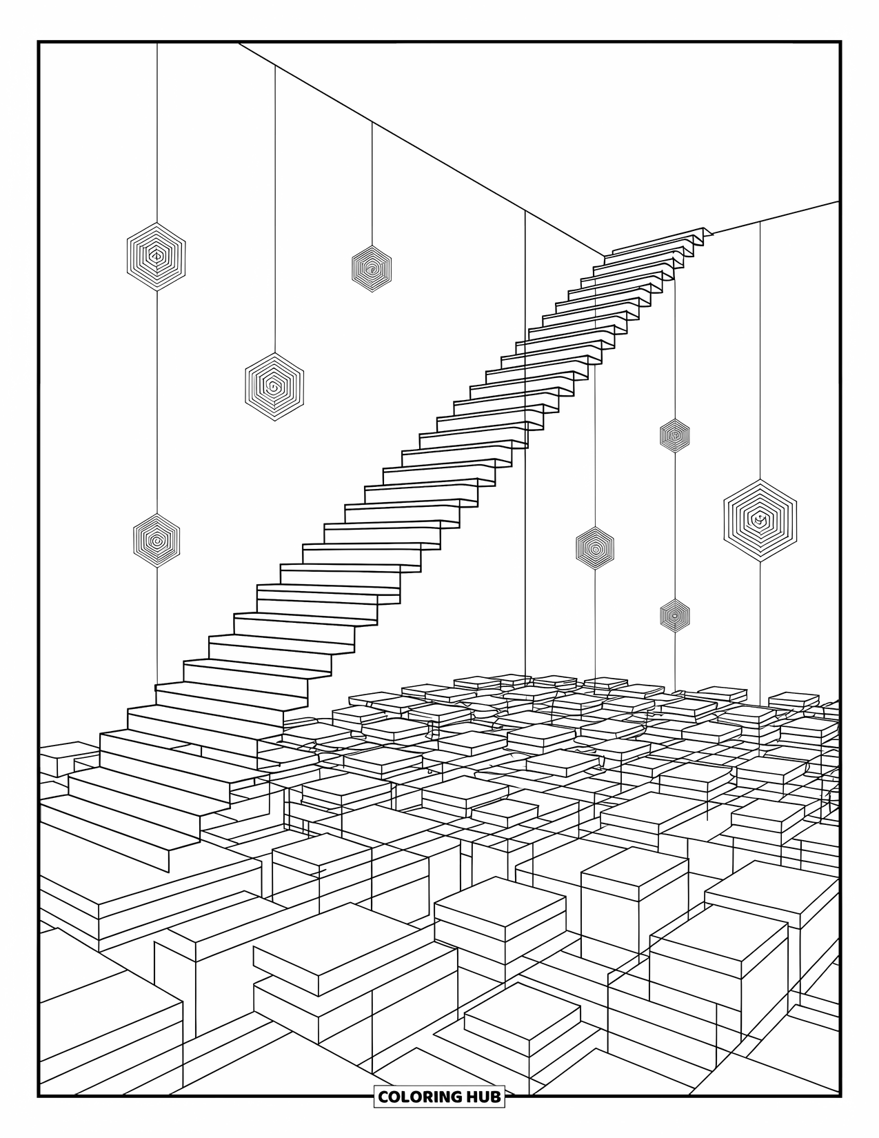 Creepy Trippy Coloring Page for Adults: A surreal staircase ascends through an endless space of cubes and floating designs
