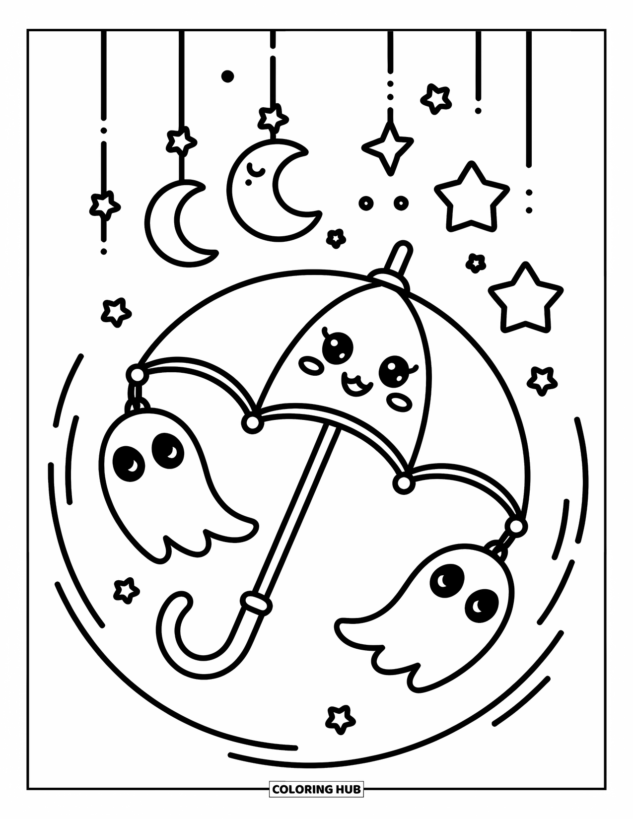 Creepy Trippy Coloring Page for Adults: A sweet umbrella catches candy stars while sleepy ghosts dangle from its edge
