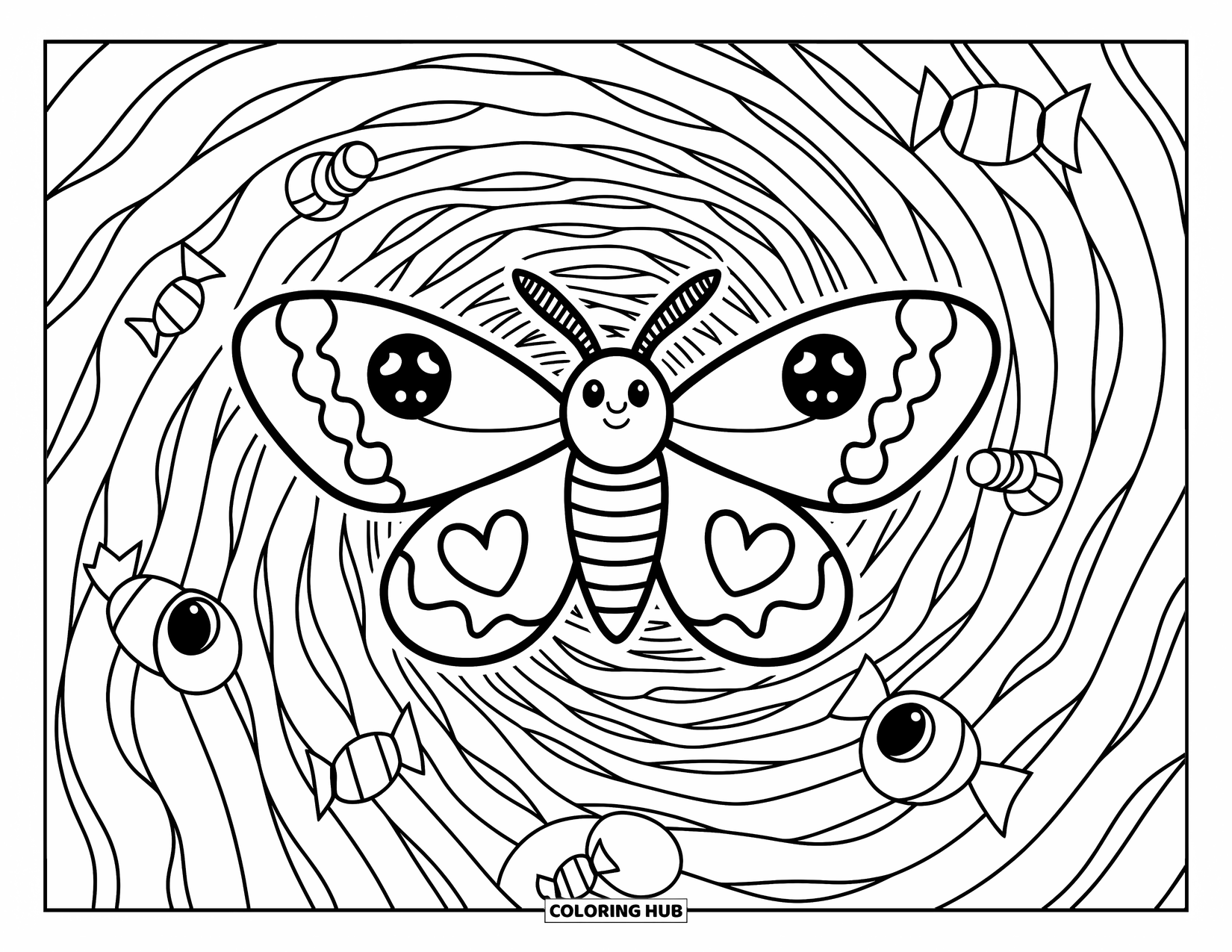 Creepy Trippy Coloring Page for Adults: A whimsical moth with mismatched wings dances through a swirling, enchanted tunnel