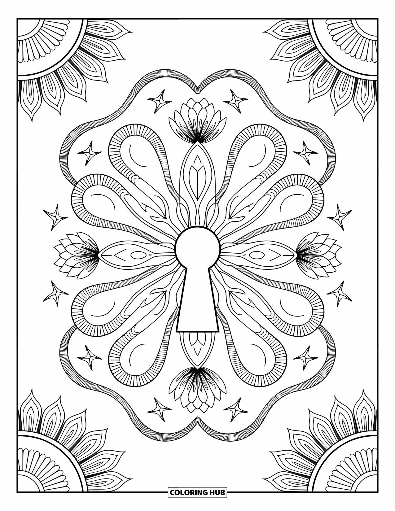 Creepy Trippy Coloring Page for Adults: An ancient keyhole is encircled by coiled snakes and blooming lotus eyes