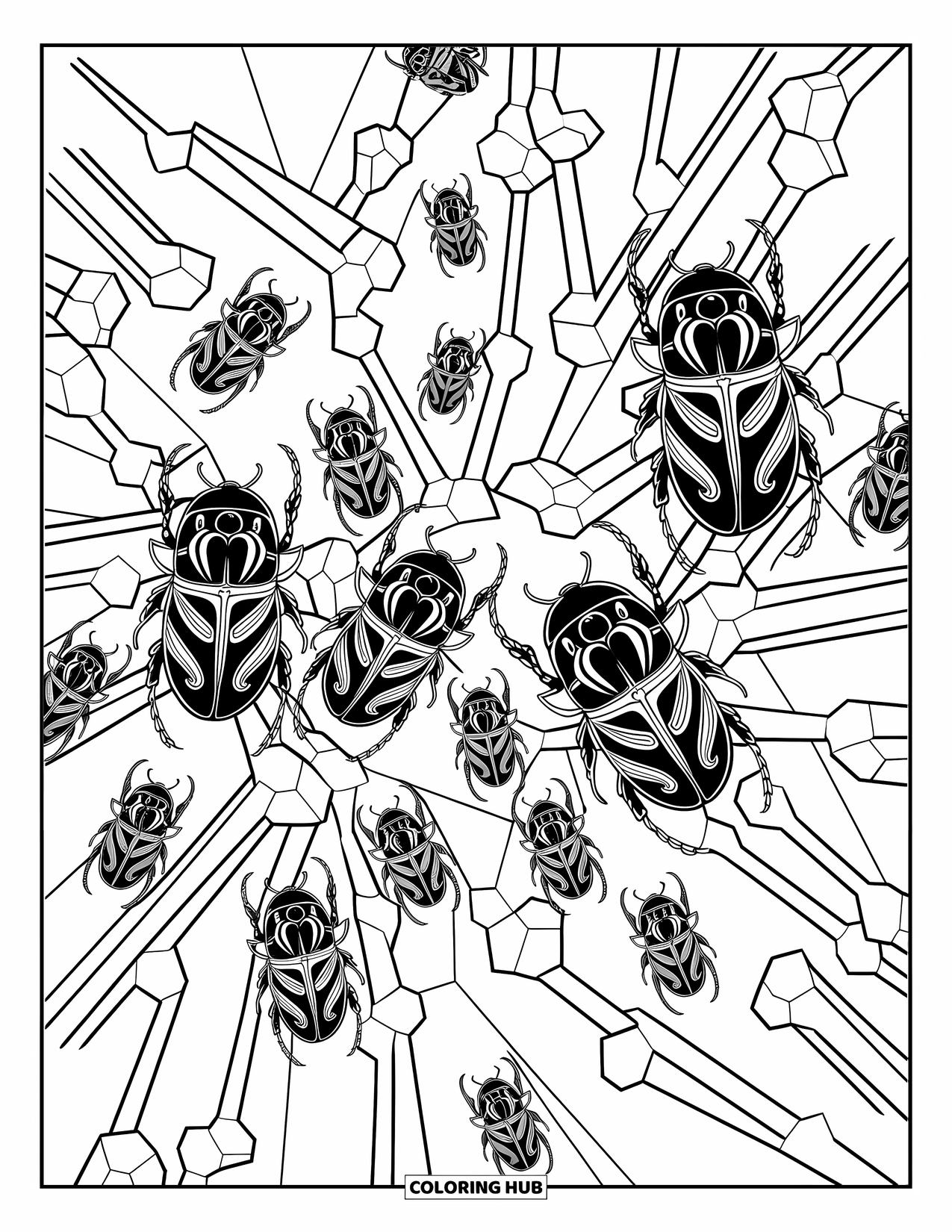 Creepy Trippy Coloring Page for Adults: Beetles with intricate patterns crawl across swirling fields of geometric bone shapes