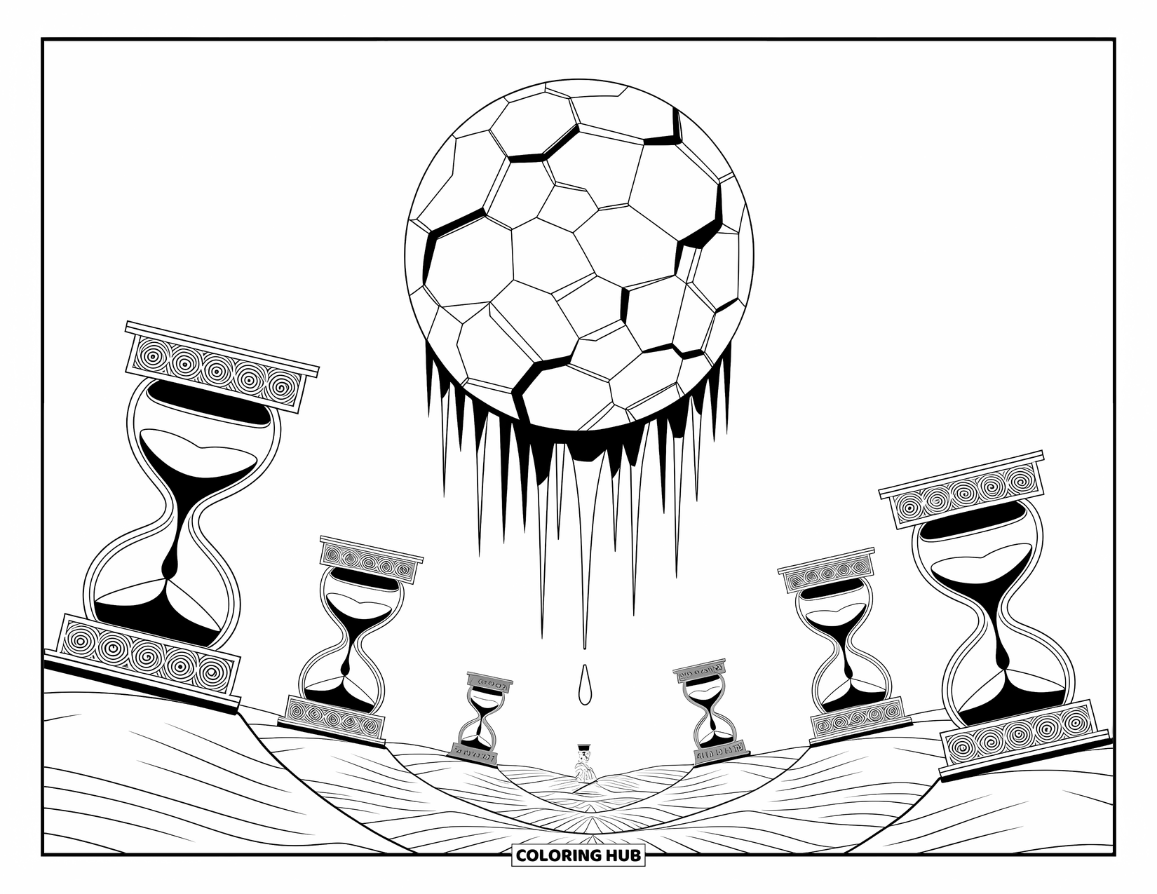 Creepy Trippy Coloring Page for Adults: Faceless statues and warped hourglasses stand beneath a fractured, dripping moon