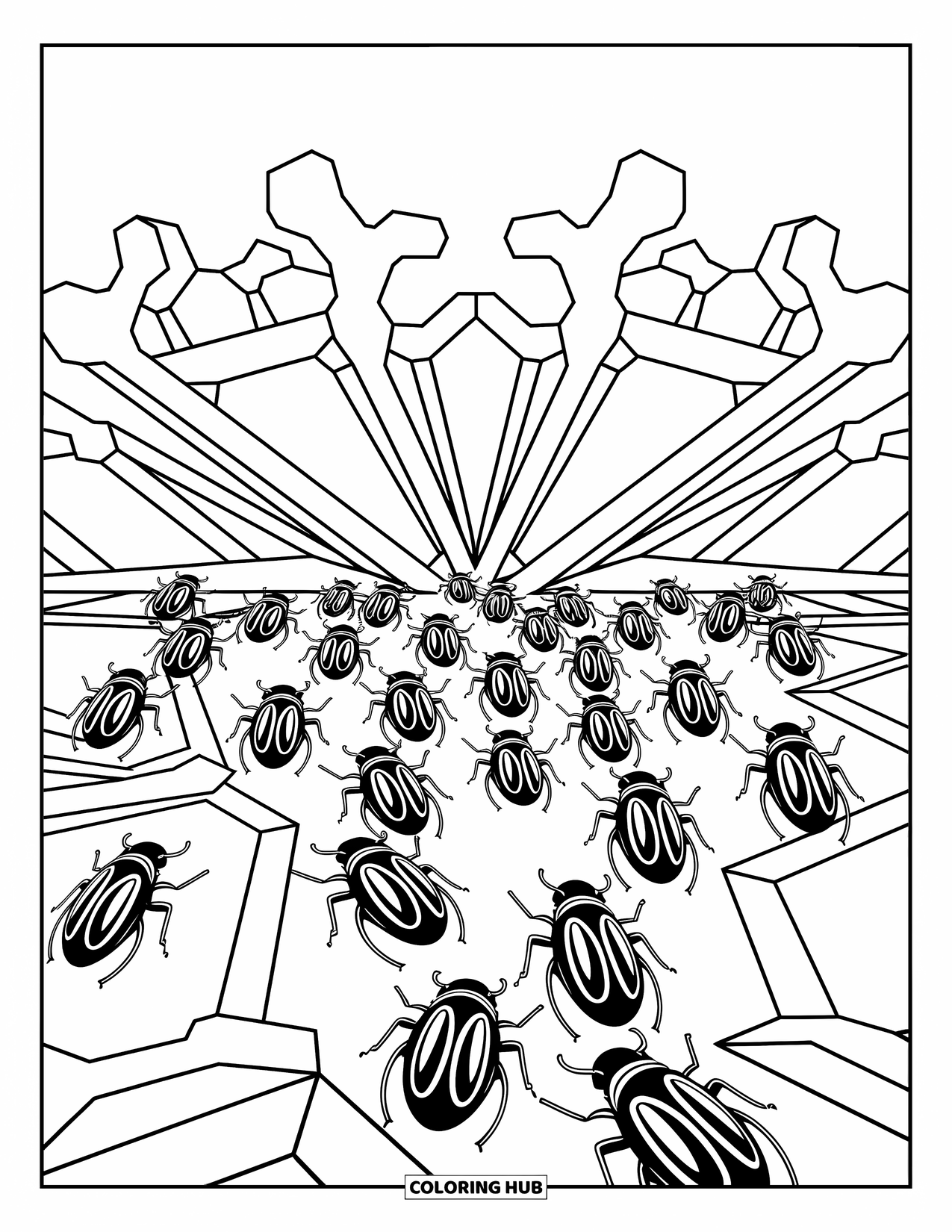 Creepy Trippy Coloring Page for Adults: Mirrored beetles scurry across a landscape of swirling, geometric bone patterns