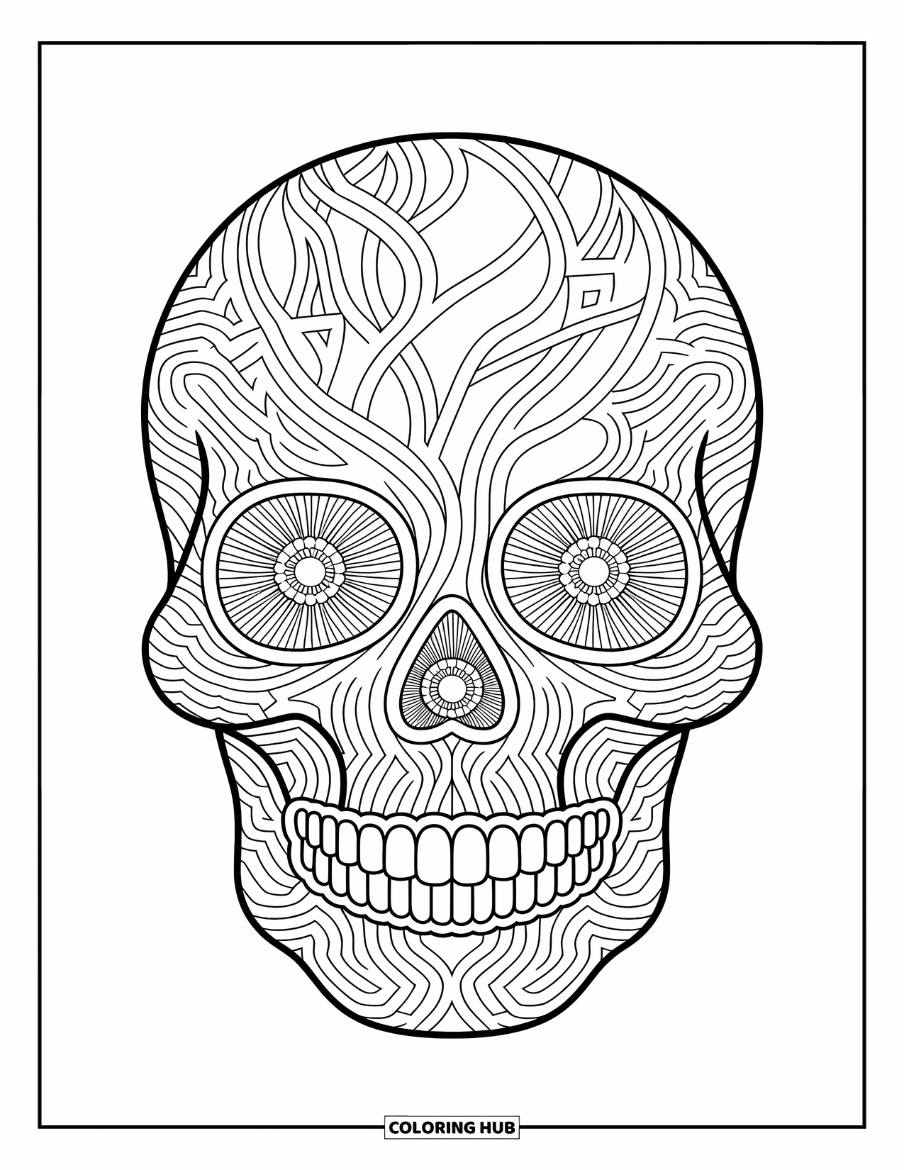 Creepy Trippy Coloring Page for Adults: Roots weave into a skull shape with floral veins and hidden faces throughout