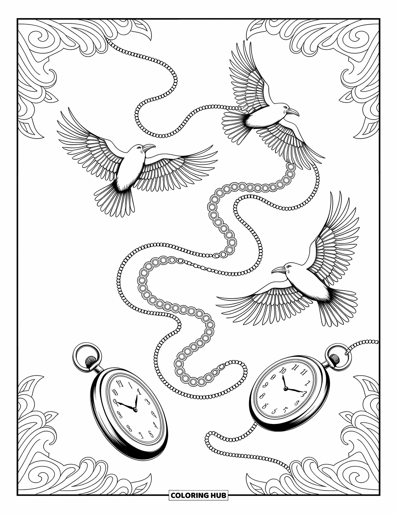 Creepy Trippy Coloring Page for Adults: Twisting gears of pocket watches release detailed ravens into swirling patterns